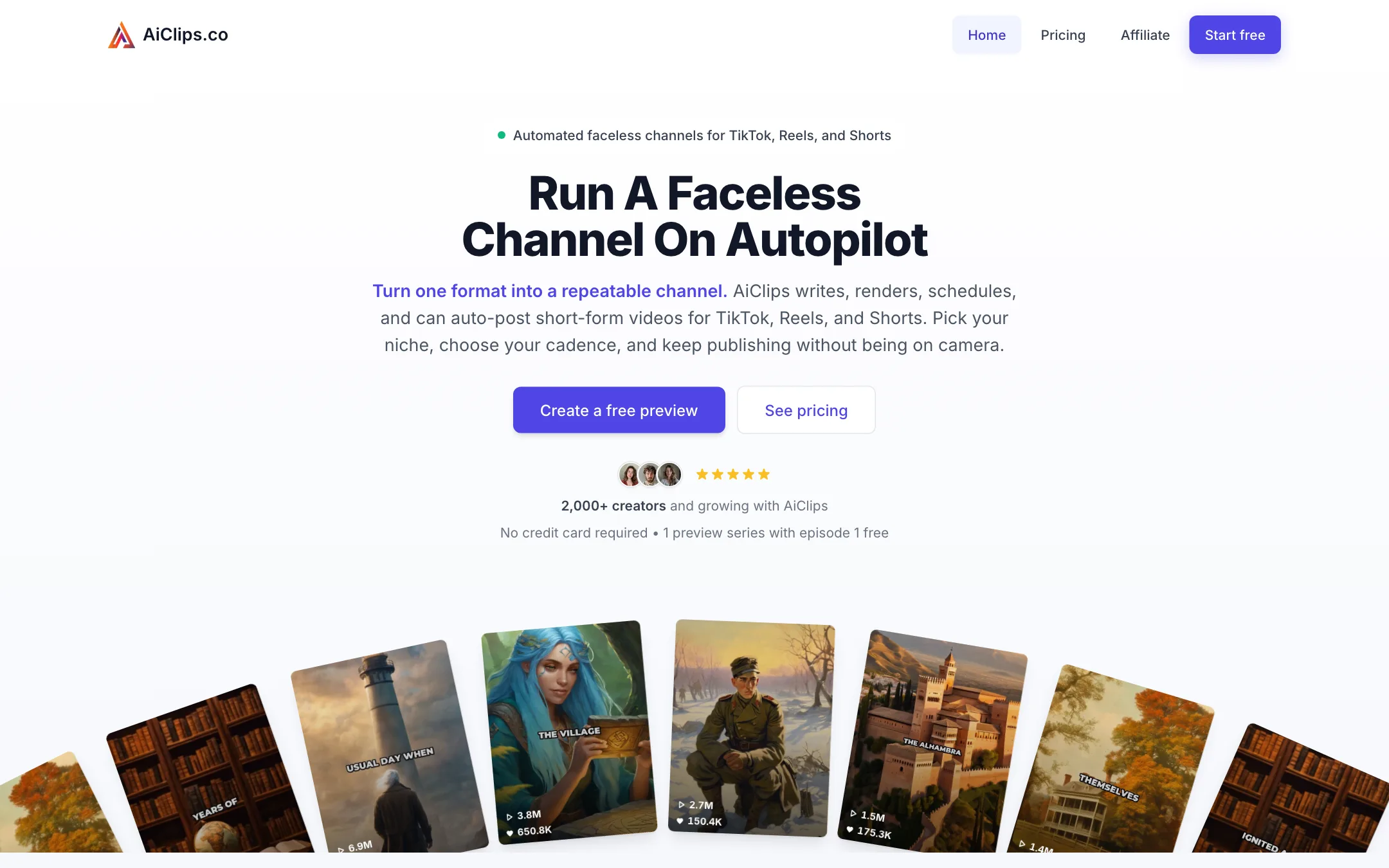 AiClips homepage headline: Run a faceless channel on autopilot