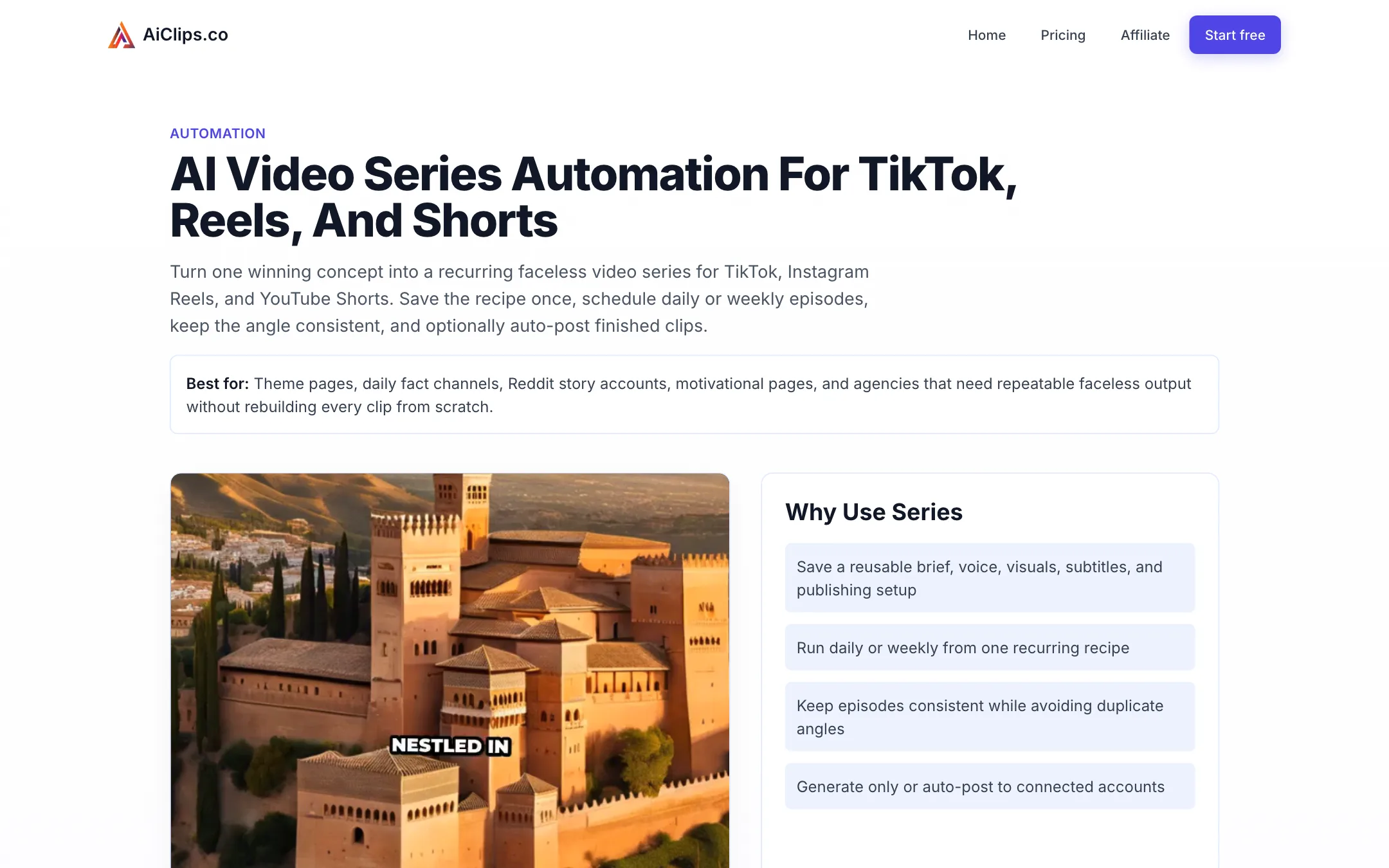 AiClips series automation feature page