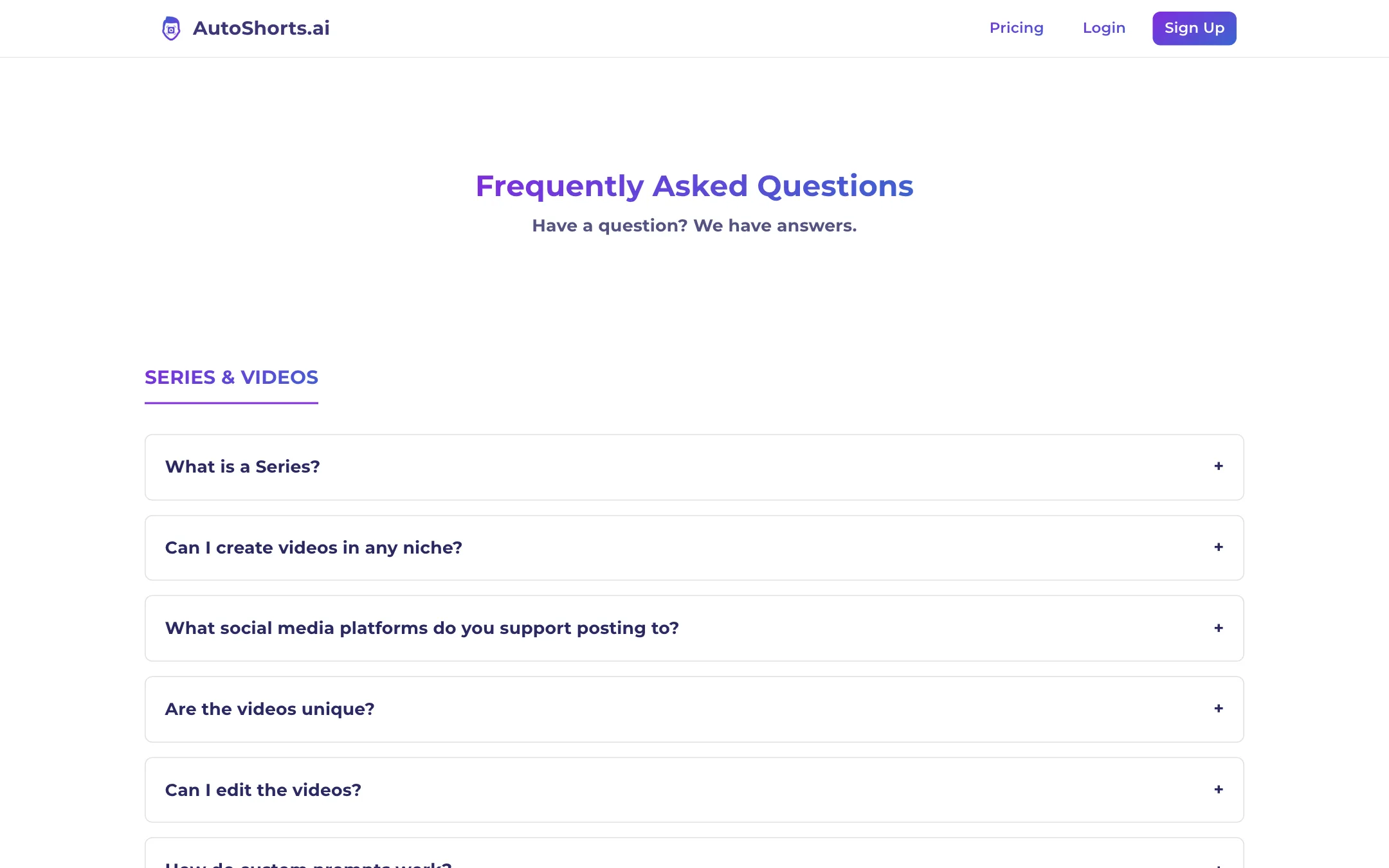 AutoShorts.ai FAQ page with series and video questions