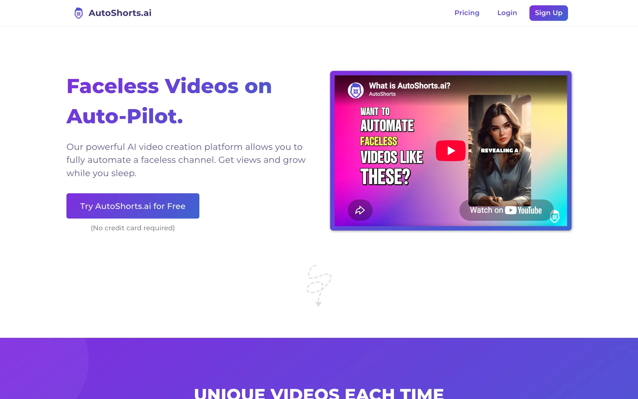 AutoShorts.ai homepage headline: Faceless Videos on Auto-Pilot