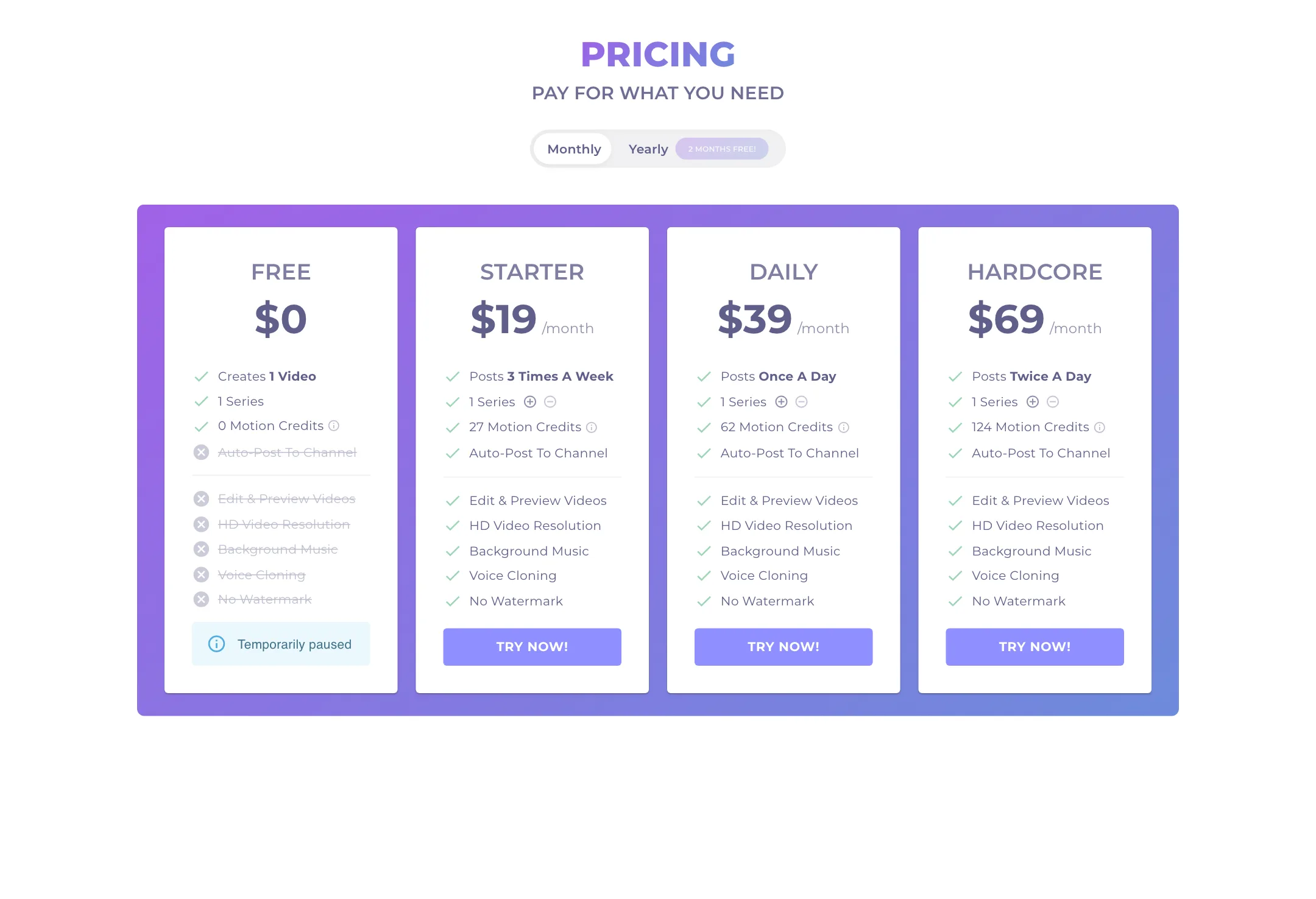 AutoShorts.ai pricing cards: Free, Starter, Daily and Hardcore