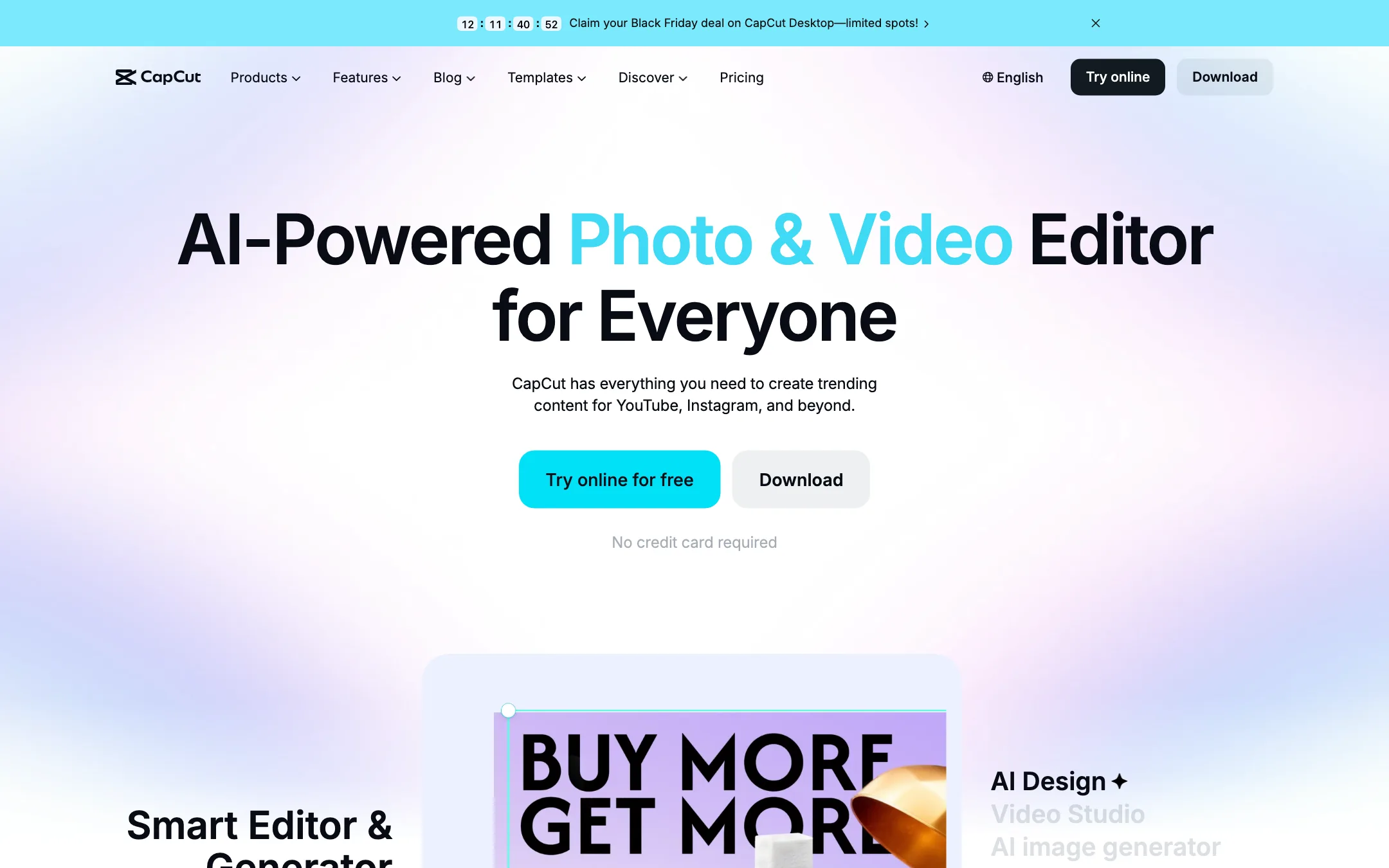 CapCut homepage headline: AI-Powered Photo and Video Editor for Everyone