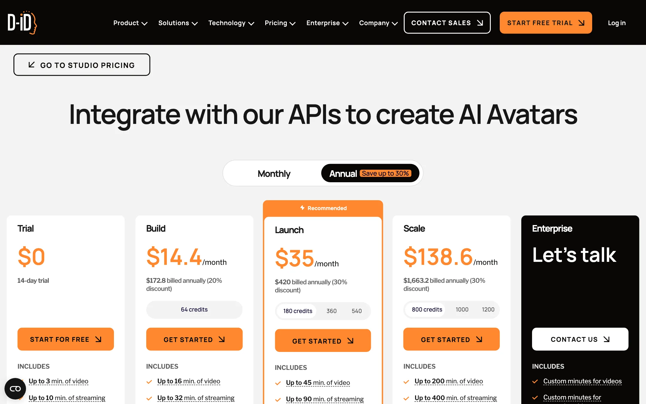 D-ID API pricing page with Build, Launch and Scale plans
