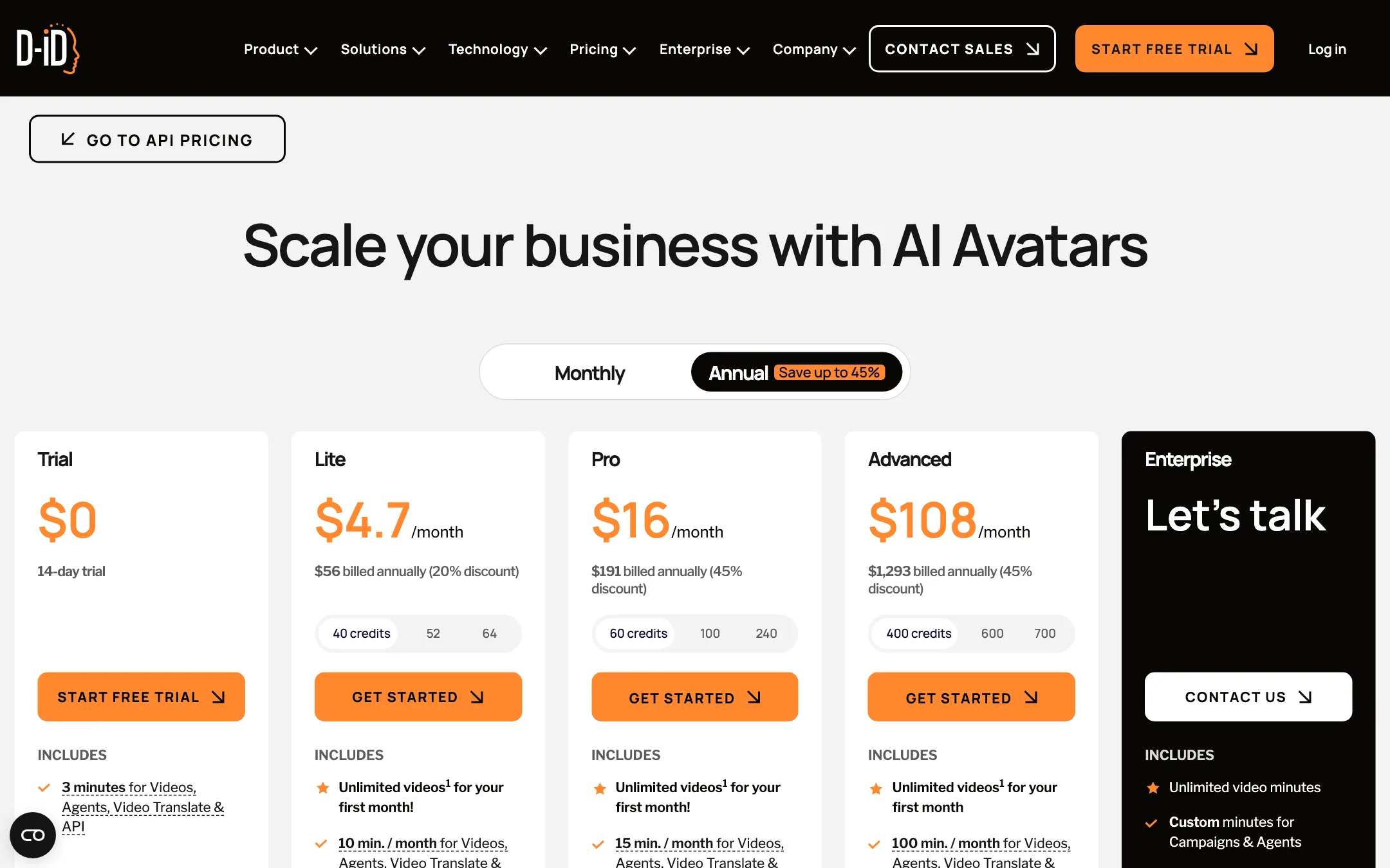 D-ID Studio pricing page with Trial, Lite, Pro, Advanced and Enterprise plans on annual billing