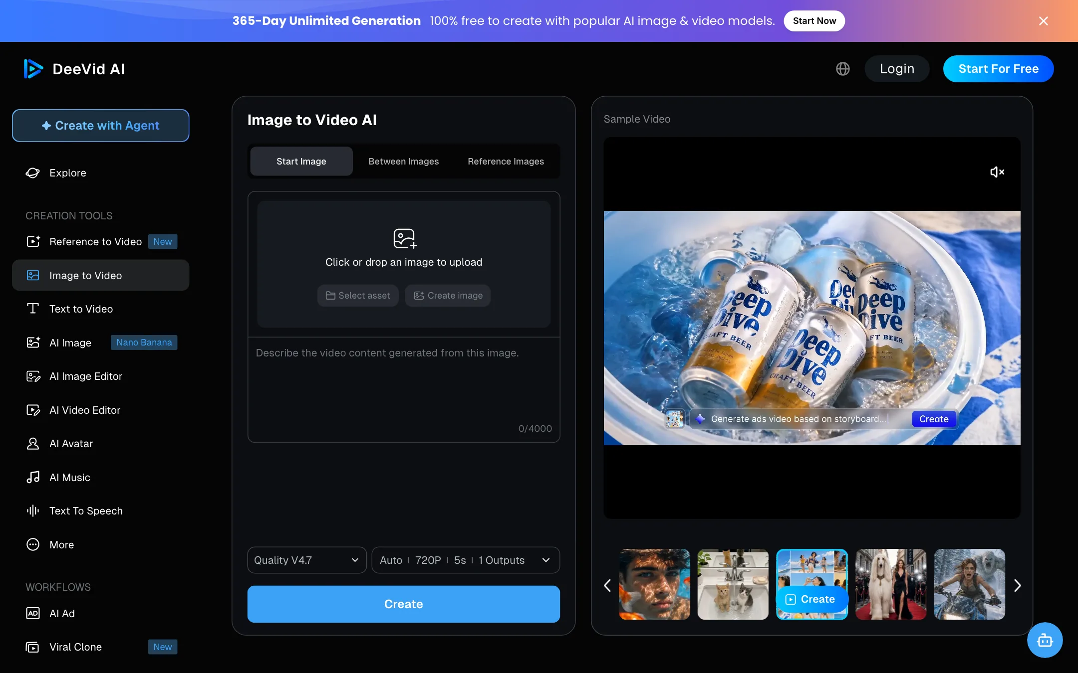 DeeVid AI image-to-video page with Start Image, Between Images and Reference Images tabs