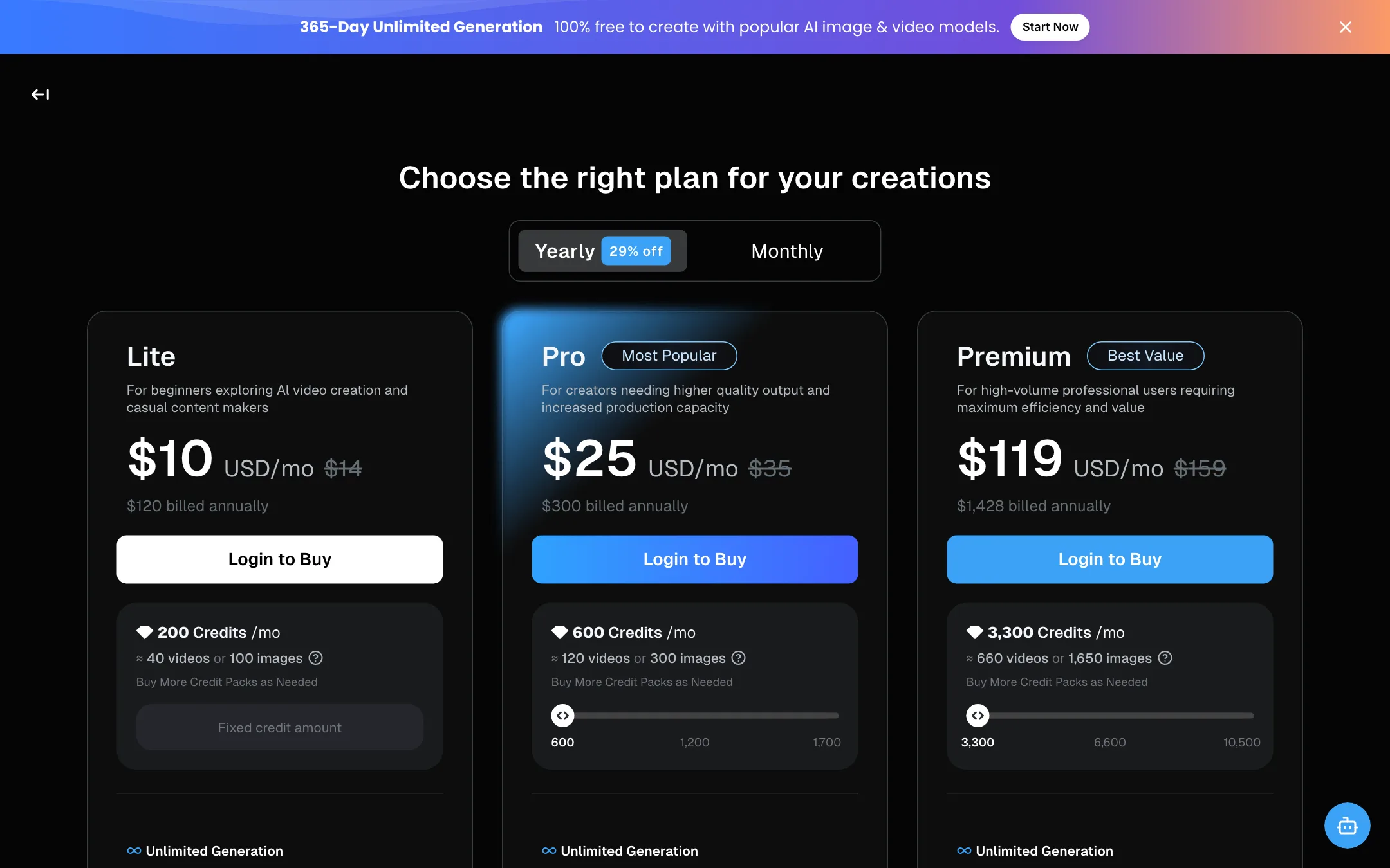 DeeVid pricing page showing Lite, Pro and Premium plans billed yearly
