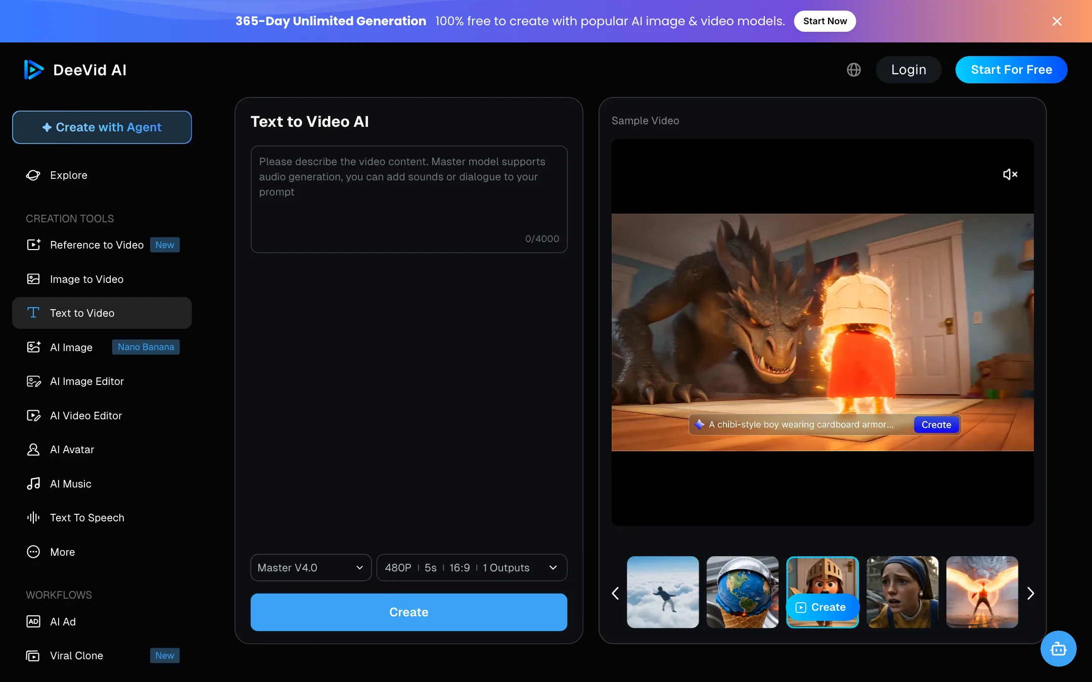 DeeVid AI text-to-video page with prompt box, model selector and sample video