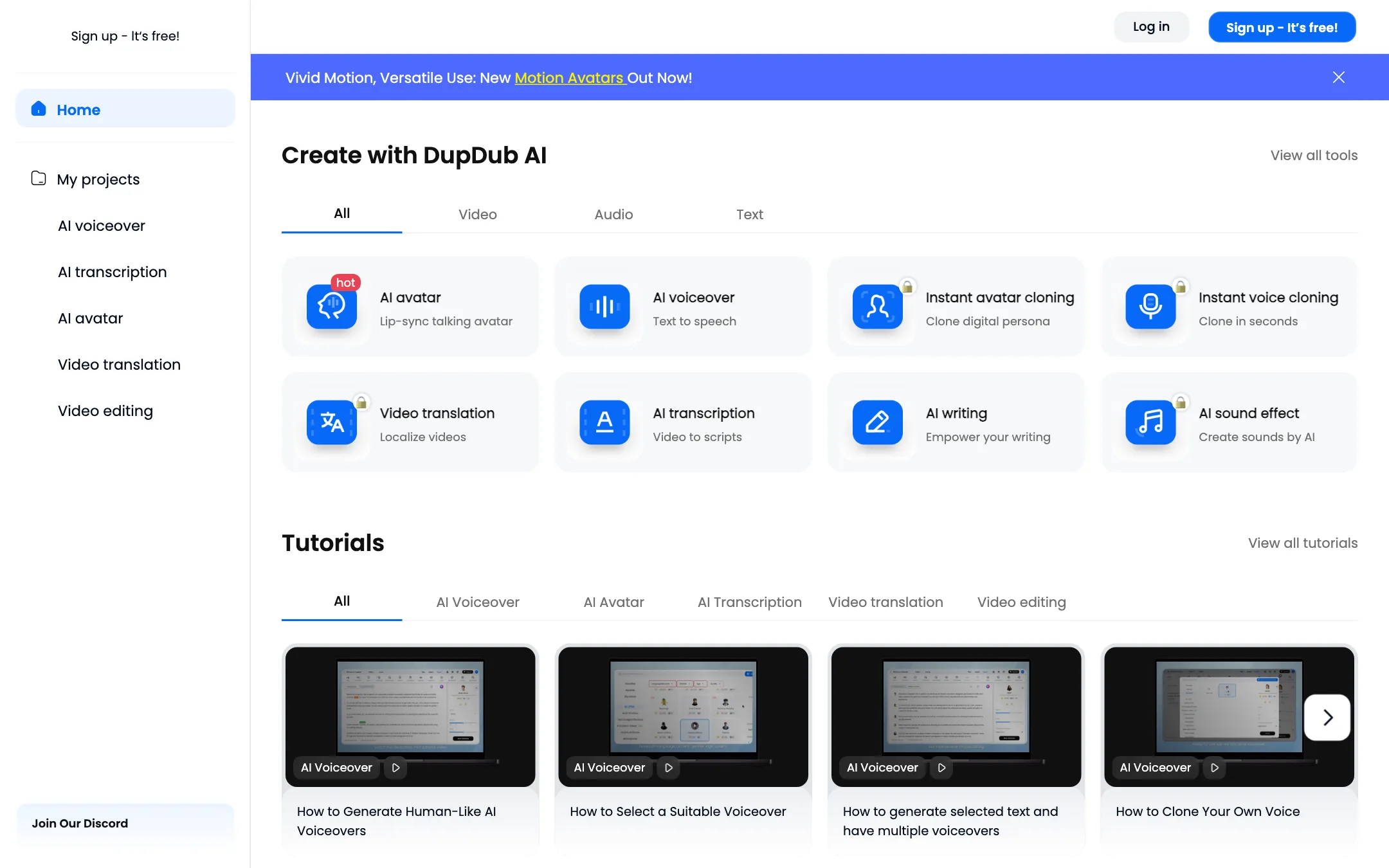 DupDub dashboard listing AI avatar, AI voiceover, voice cloning, video translation and other tools