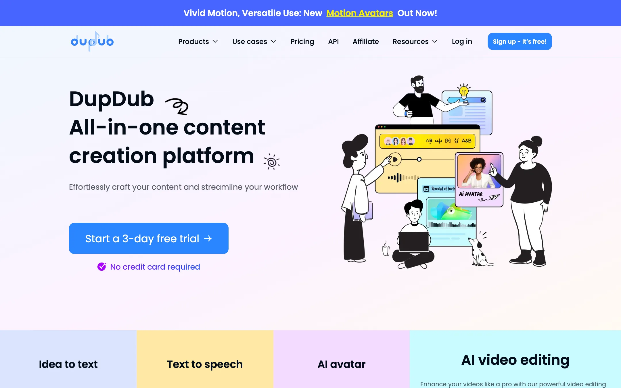 DupDub homepage calling itself an all-in-one content creation platform