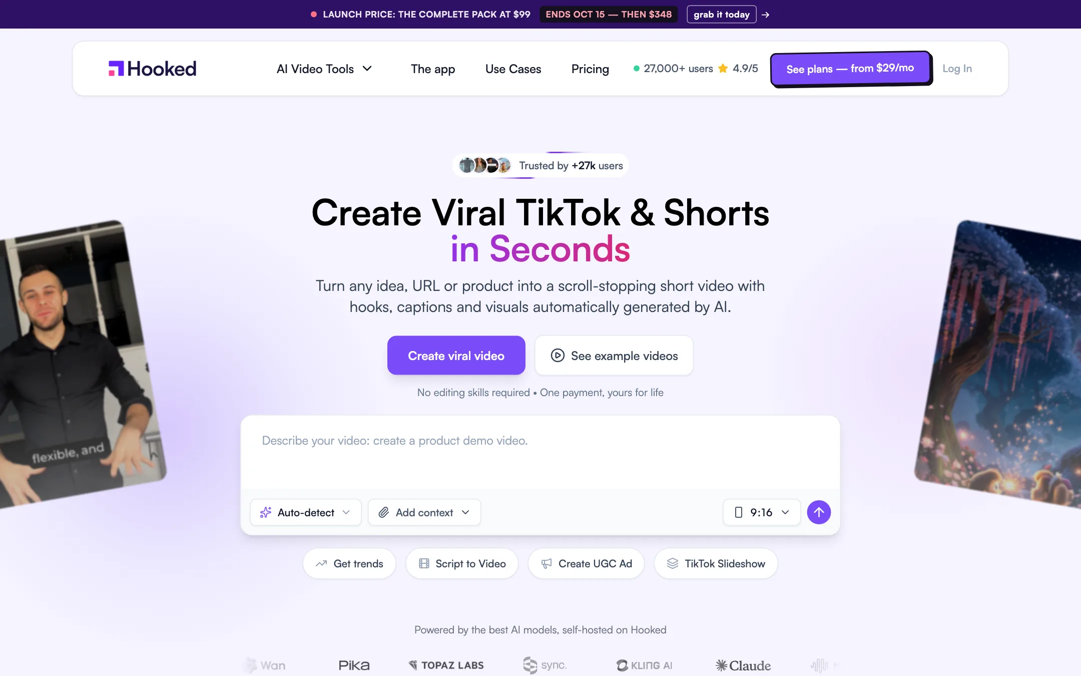Hooked app page with a prompt box and buttons for Script to Video, Create UGC Ad and TikTok Slideshow