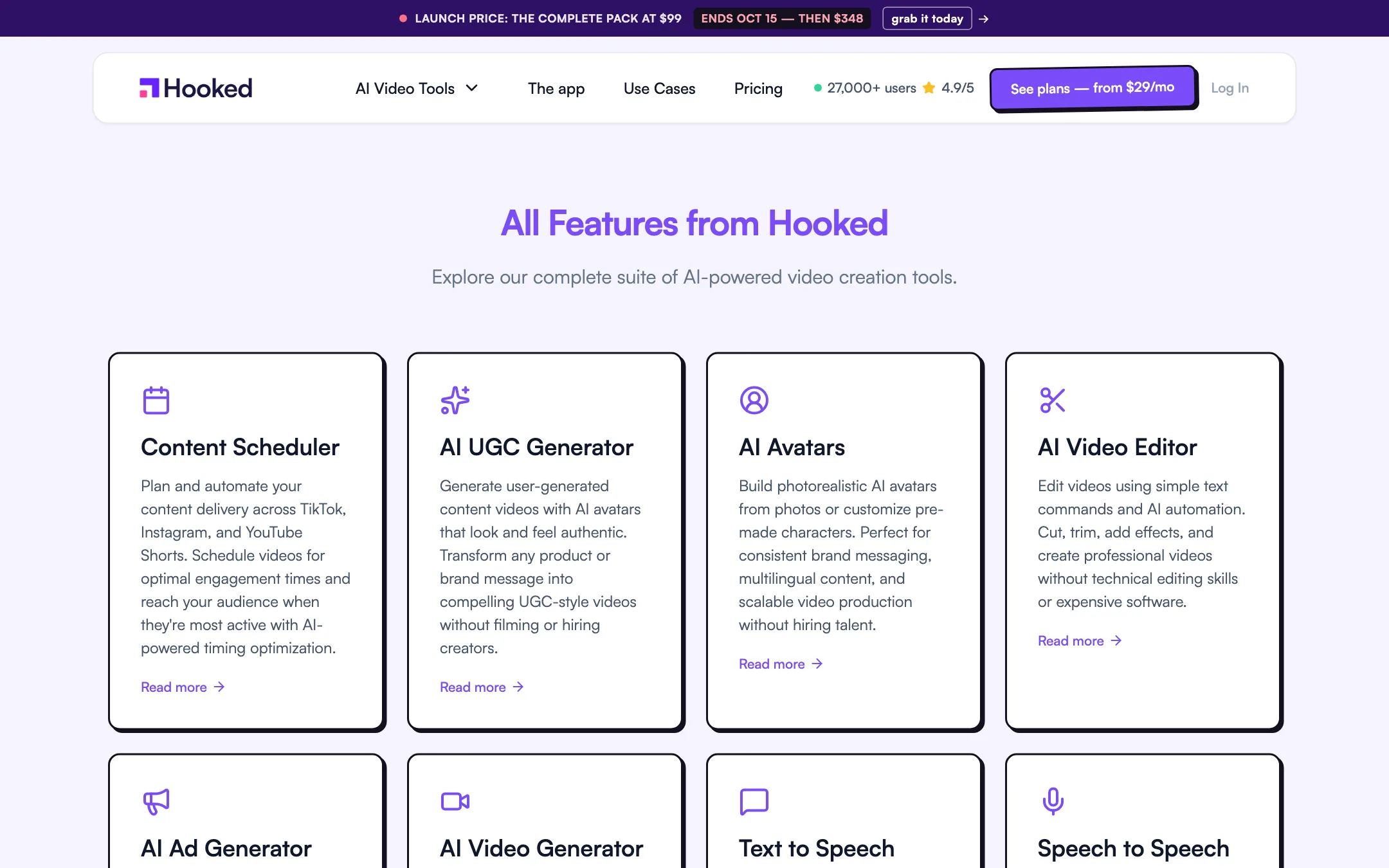 Hooked features grid with Content Scheduler, AI UGC Generator, AI Avatars and AI Video Editor