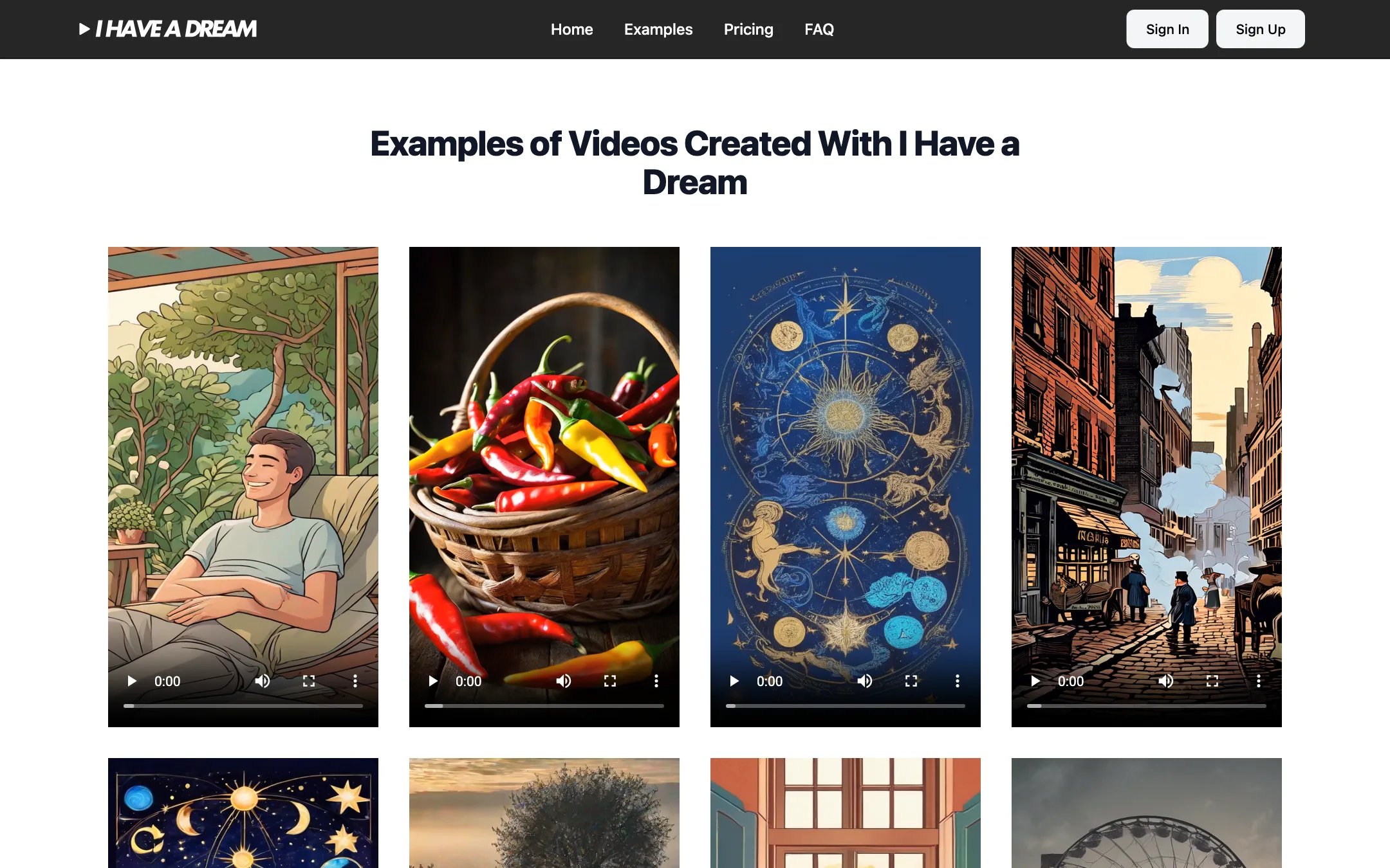 Grid of vertical example videos made with I Have a Dream