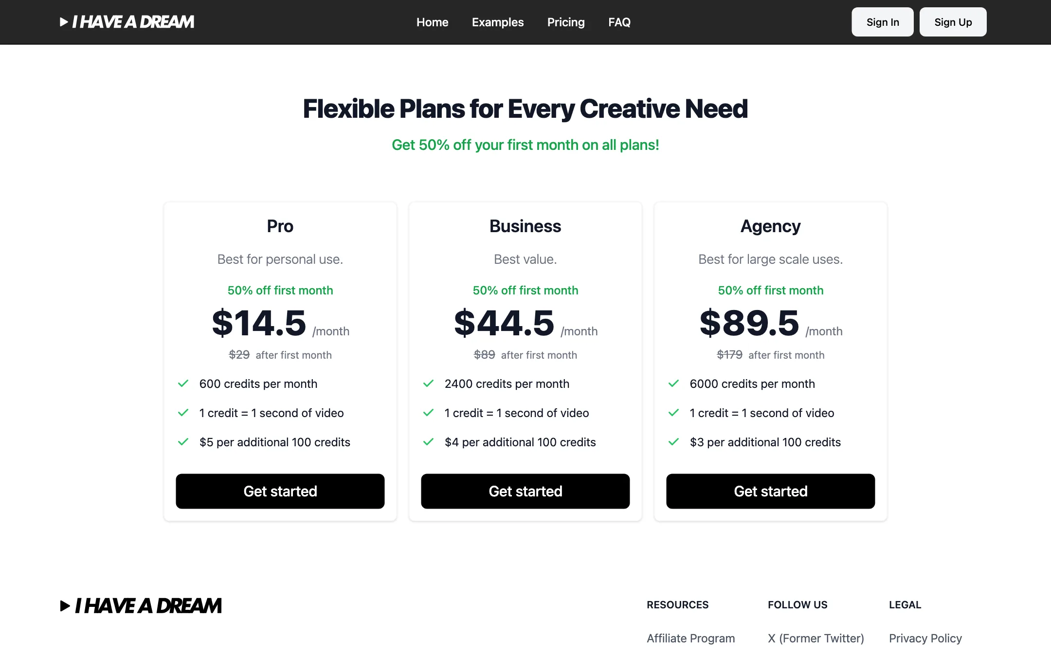 I Have a Dream pricing with Pro, Business and Agency plans