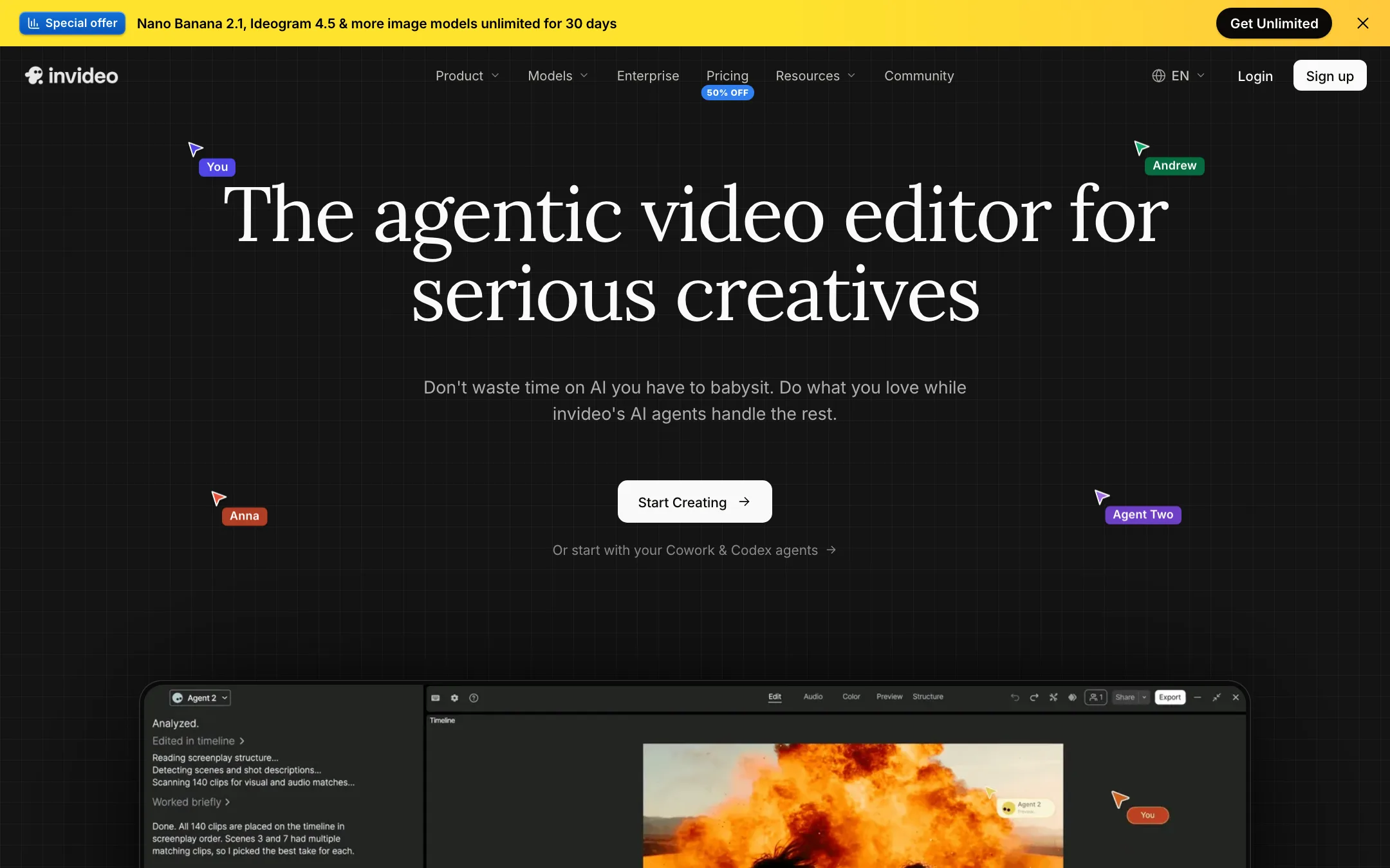 invideo homepage introducing Agent Two, the agentic video editor