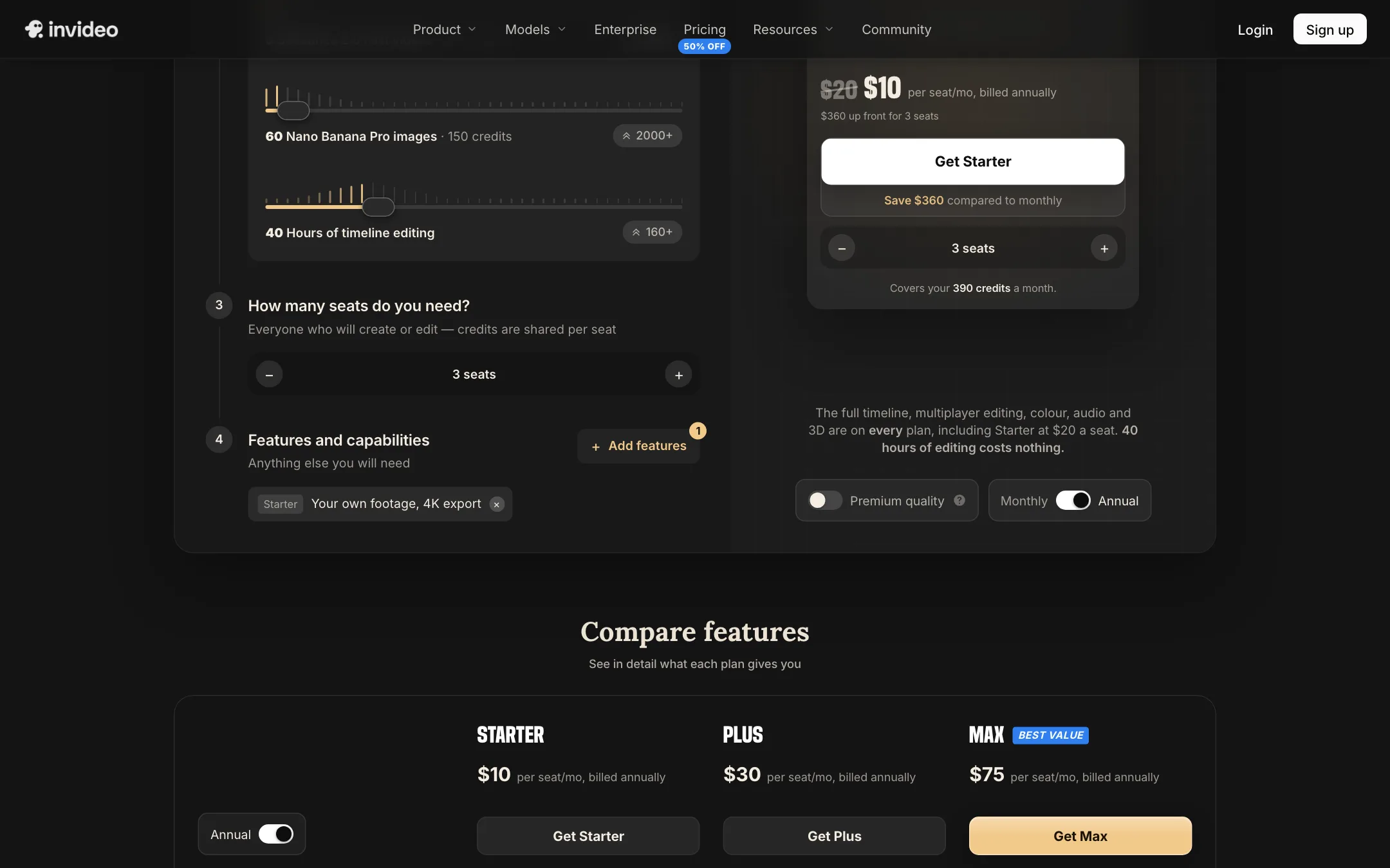 invideo pricing page plan calculator and plan comparison with Starter, Plus and Max prices