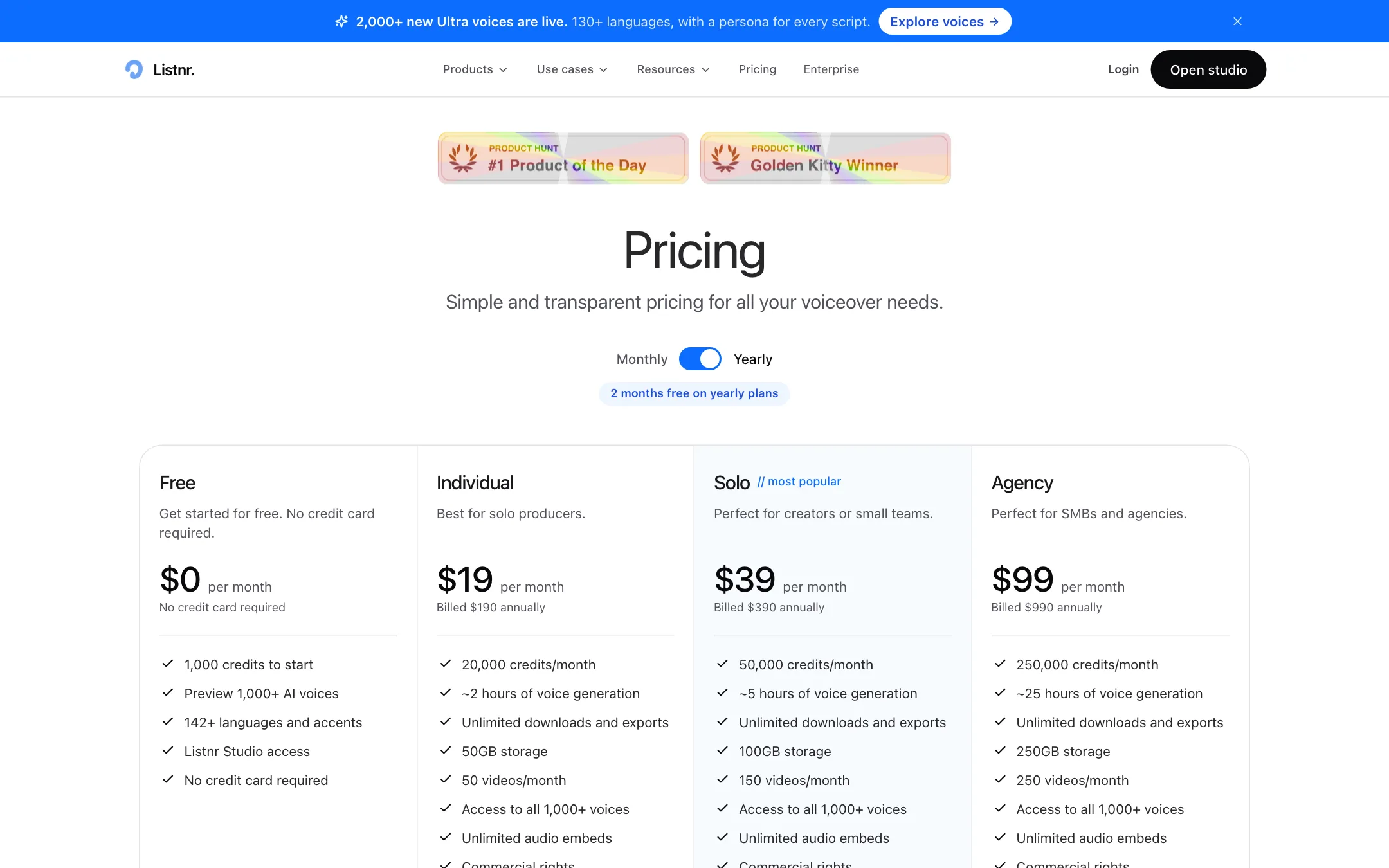 Listnr pricing page with Free, Individual, Solo and Agency plans