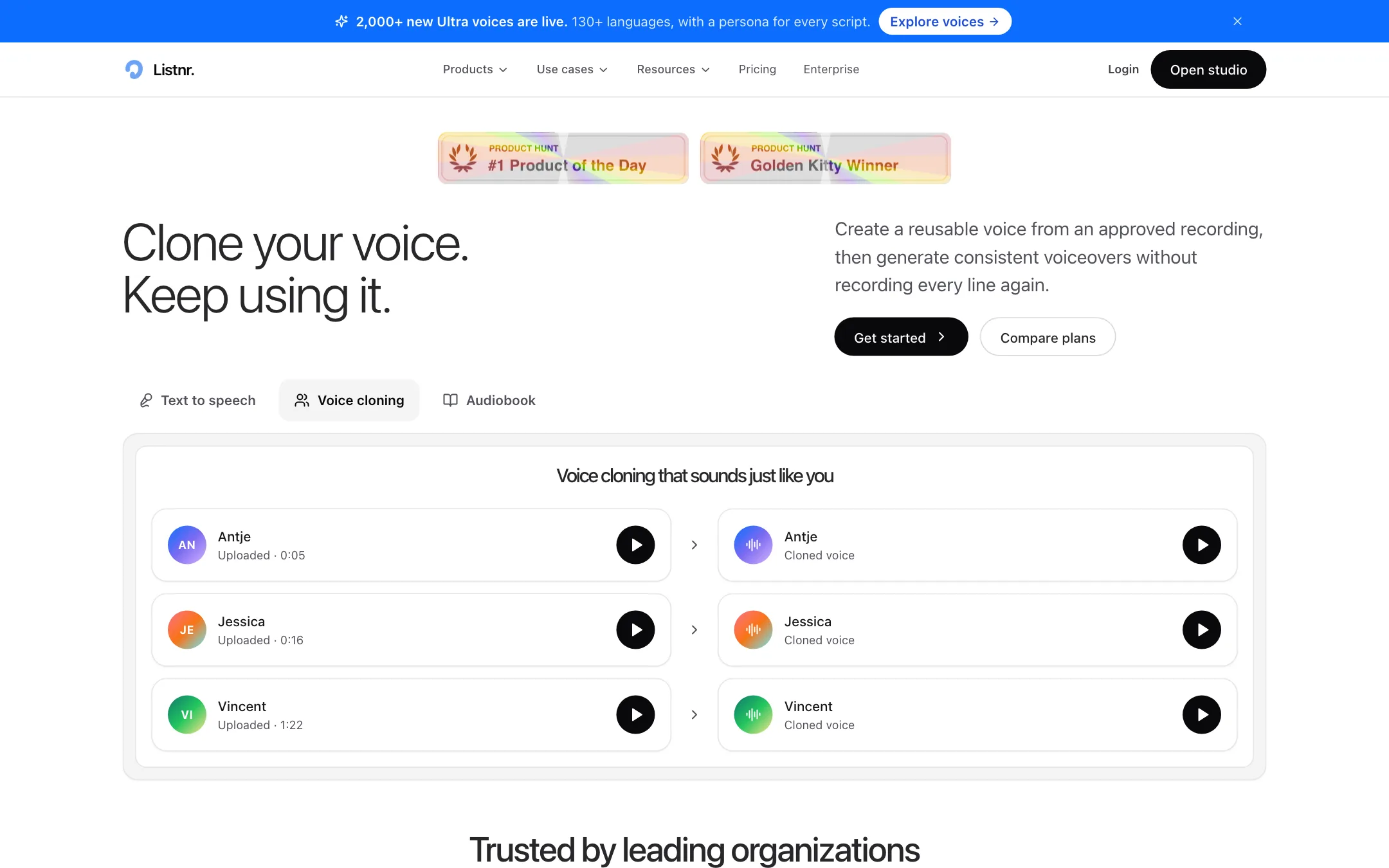 Listnr voice cloning page showing uploaded samples and their cloned voices