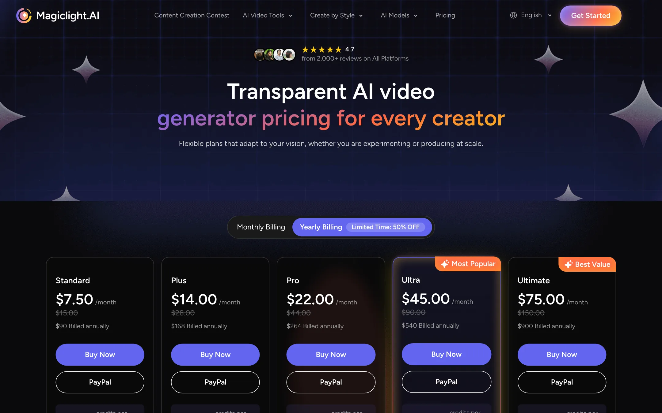 MagicLight pricing page with Standard, Plus, Pro, Ultra and Ultimate plans on yearly billing