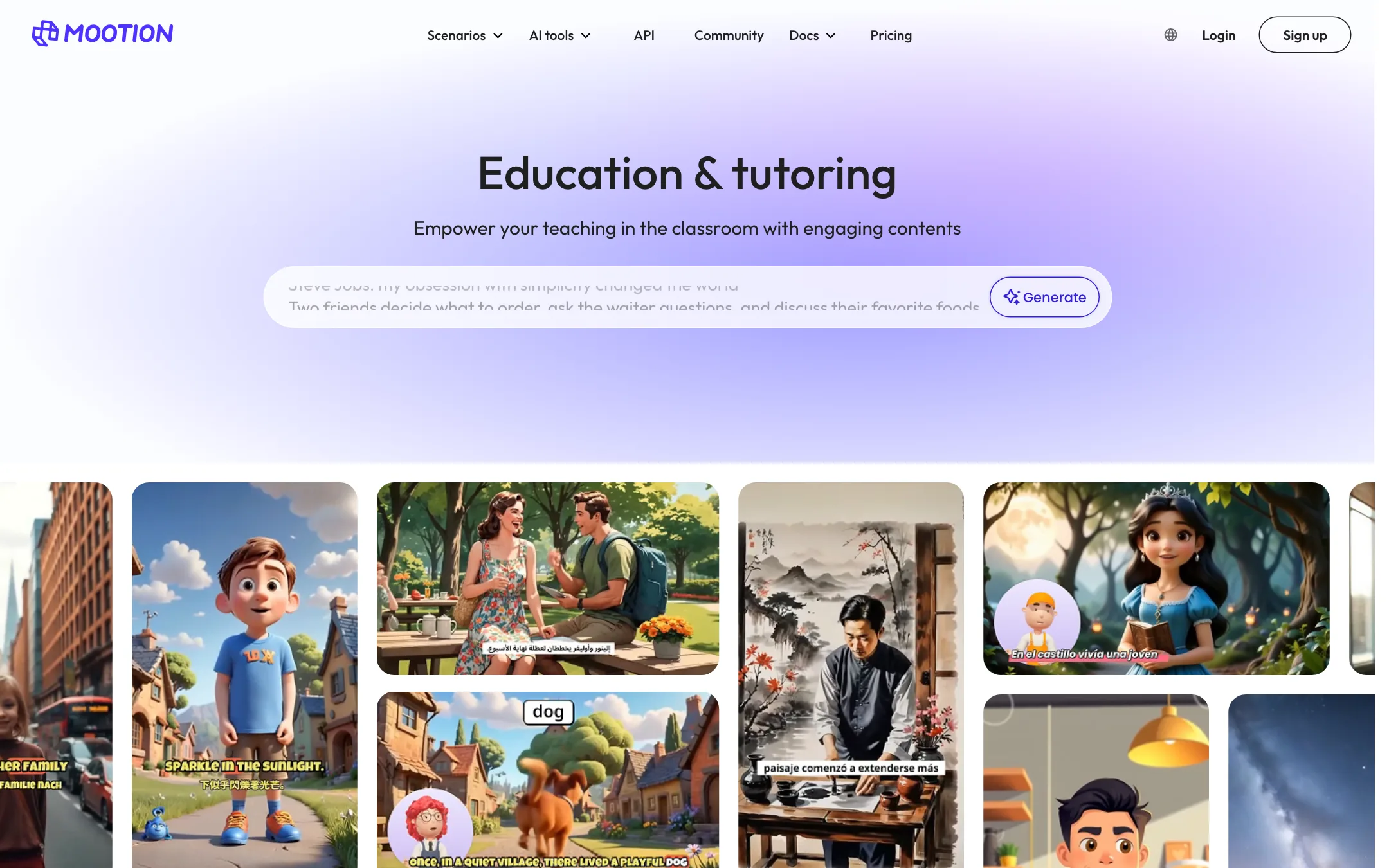 Mootion education and tutoring page with a prompt box and sample story videos