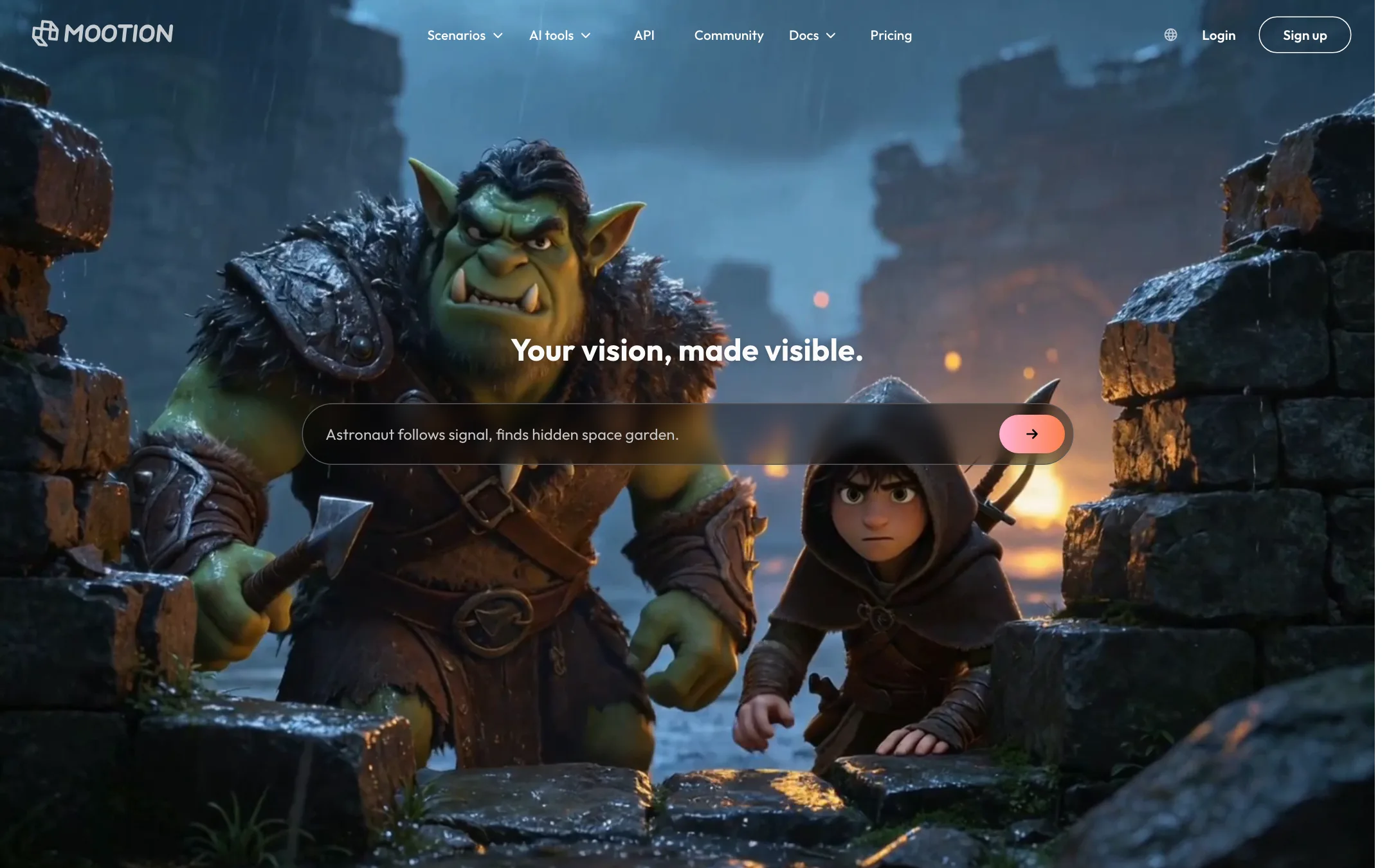 Mootion homepage with a single prompt box over a cinematic fantasy still