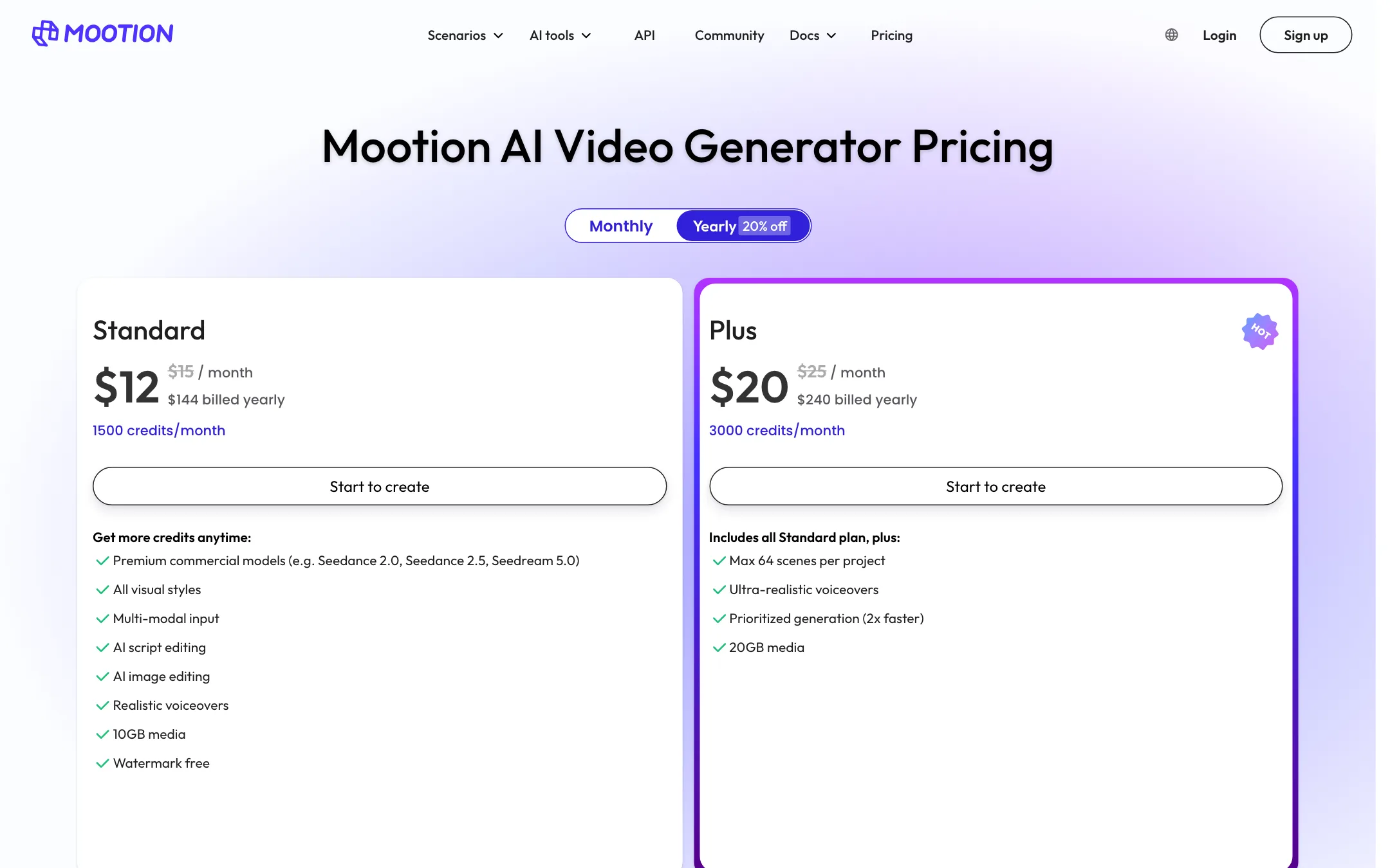 Mootion pricing page with Standard and Plus plans on yearly billing