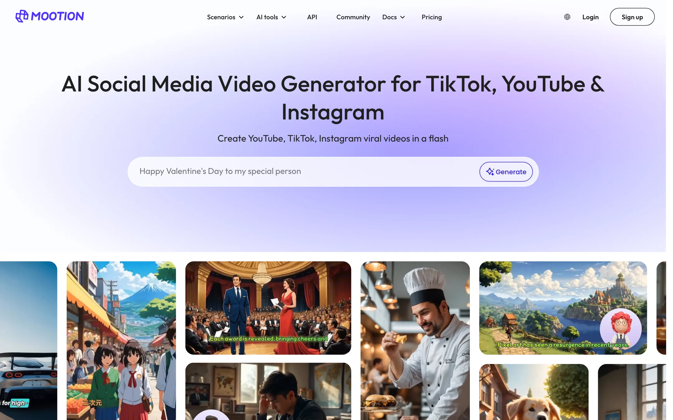 Mootion social media video generator page for TikTok, YouTube and Instagram