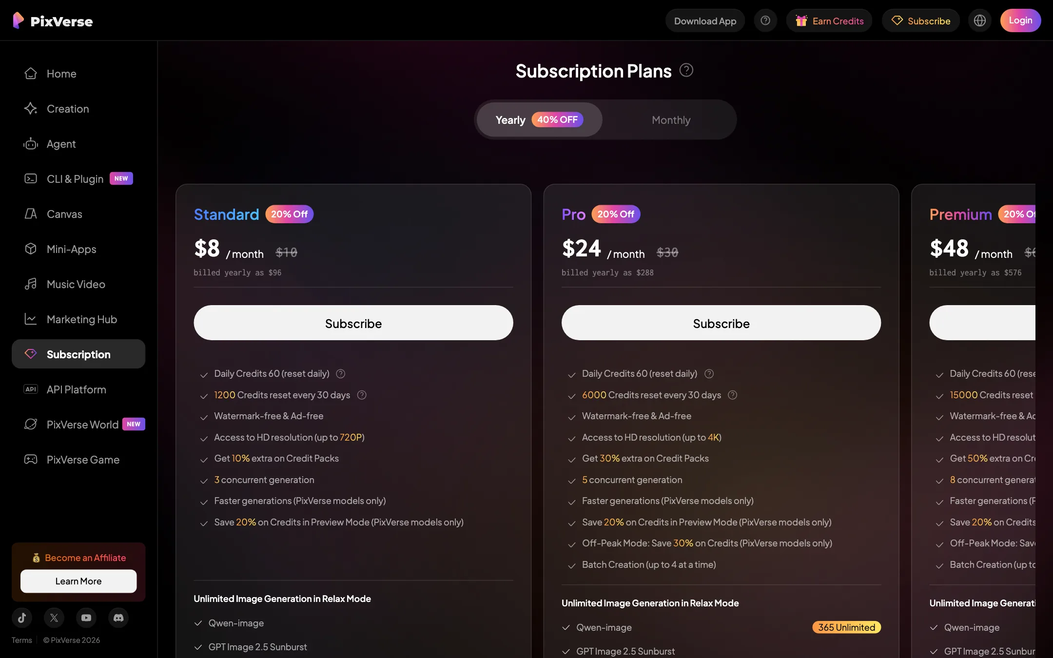 PixVerse subscription plans page showing Standard, Pro and Premium