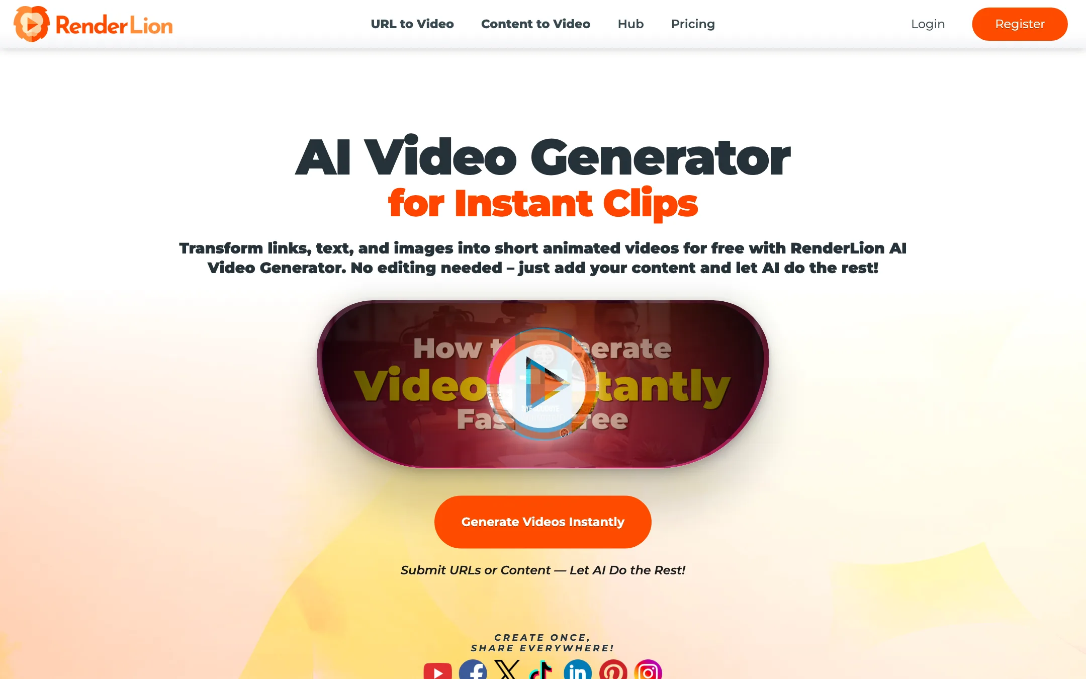 RenderLion homepage headline: AI Video Generator for Instant Clips, with a Generate Videos Instantly button