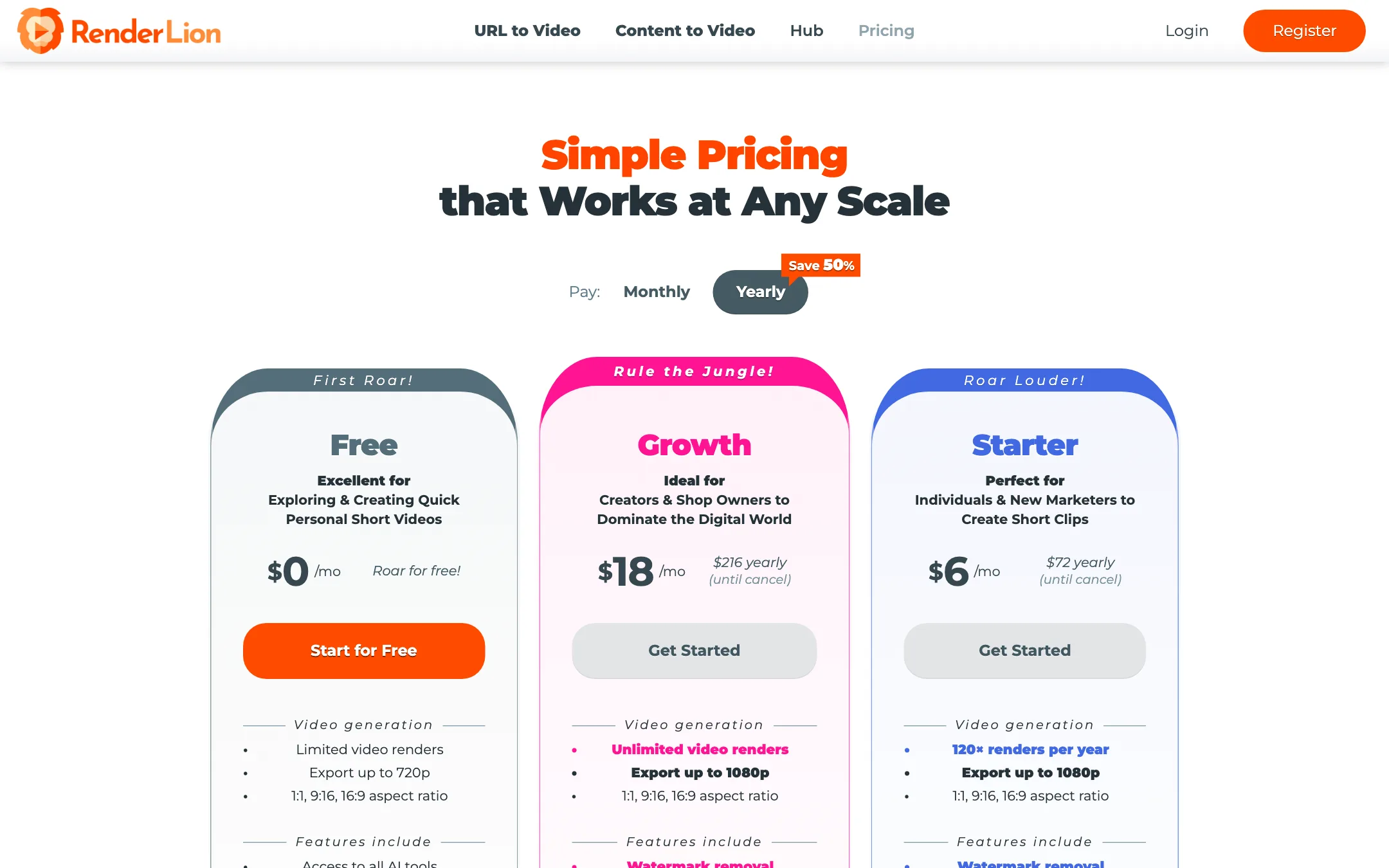 RenderLion pricing with Free, Growth at $18 a month and Starter at $6 a month on yearly billing