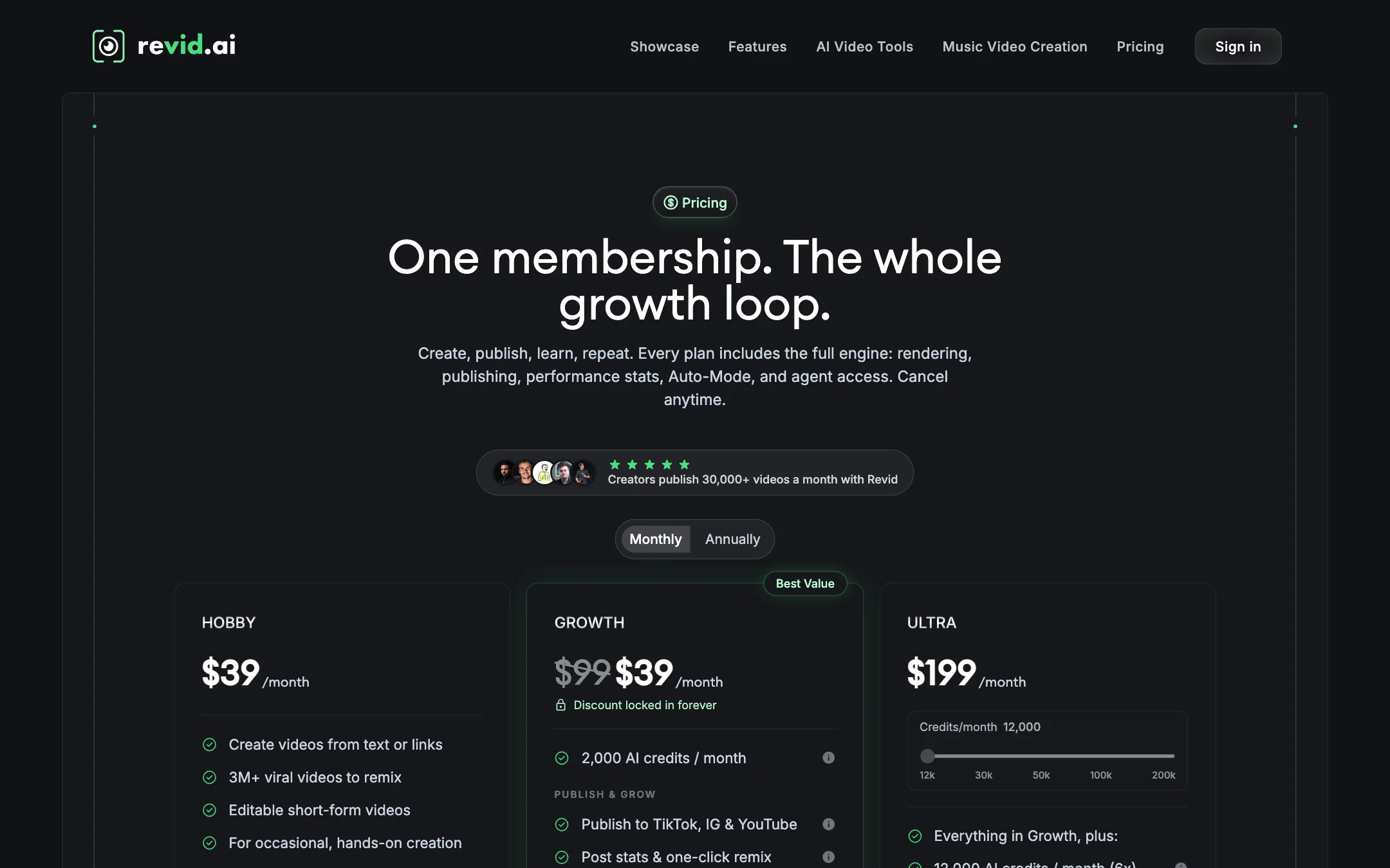 Revid.ai pricing page with Hobby, Growth and Ultra plans