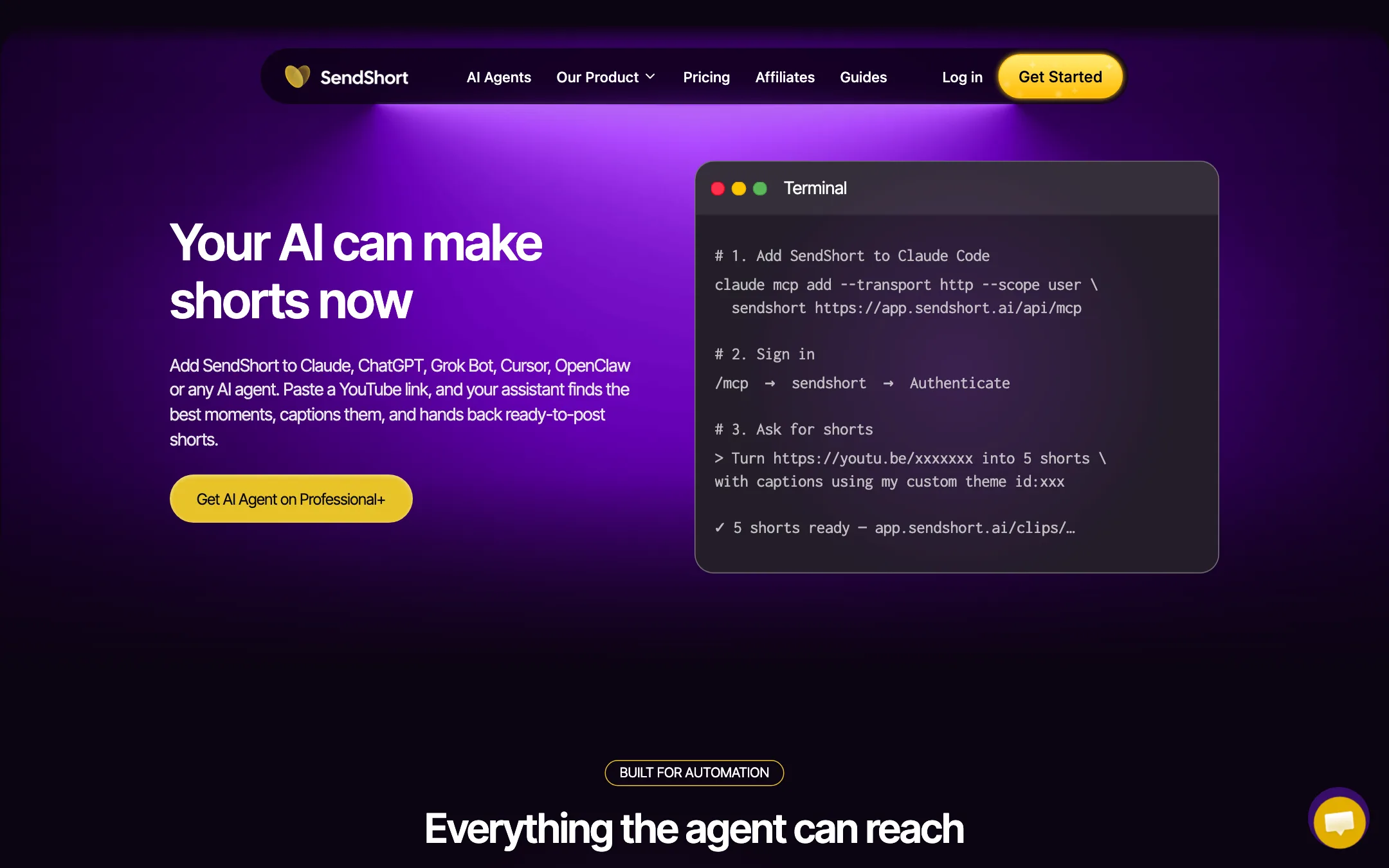 SendShort AI Agent page showing the command to add the MCP connector to Claude Code