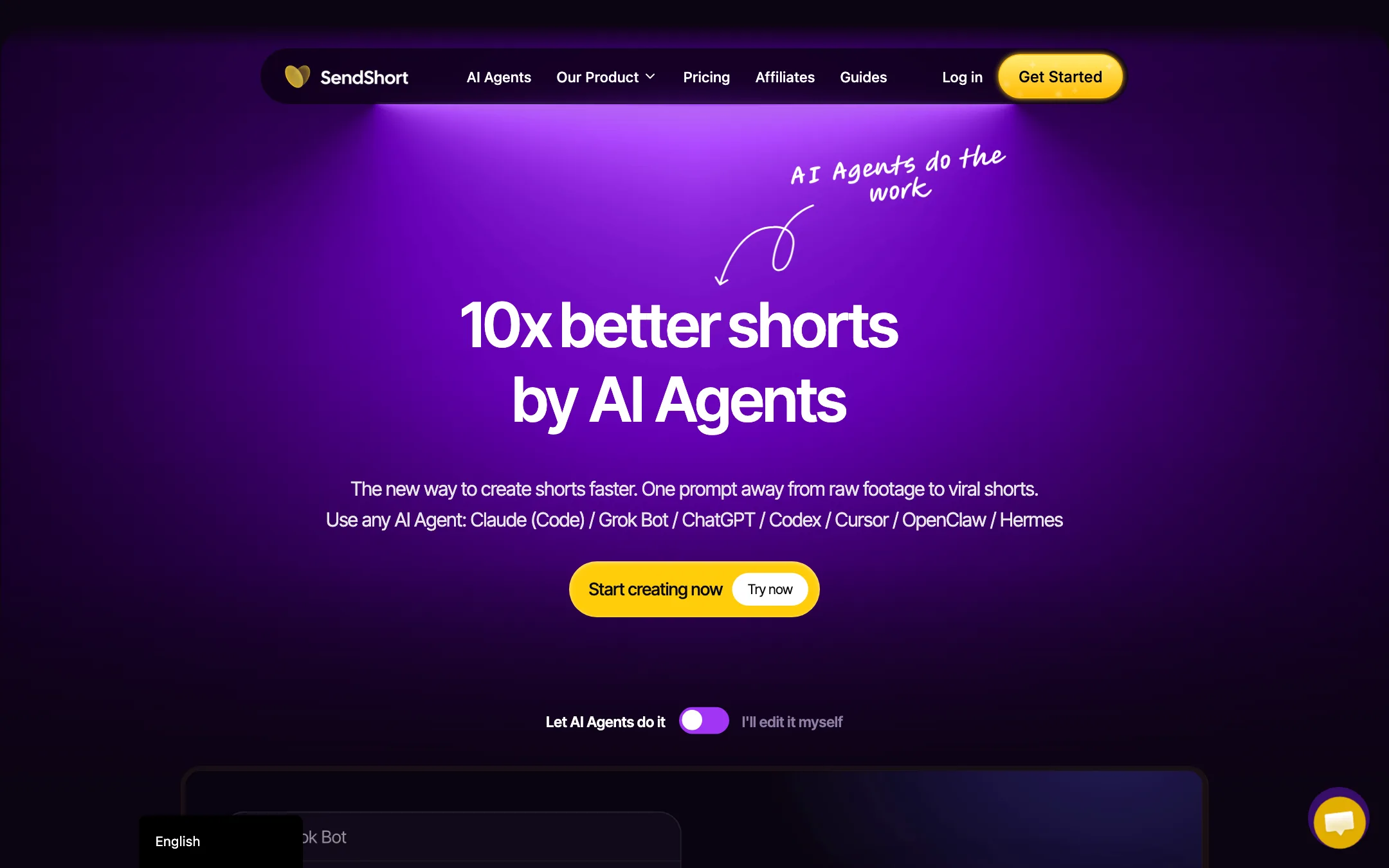 SendShort homepage headline: 10x better shorts by AI Agents