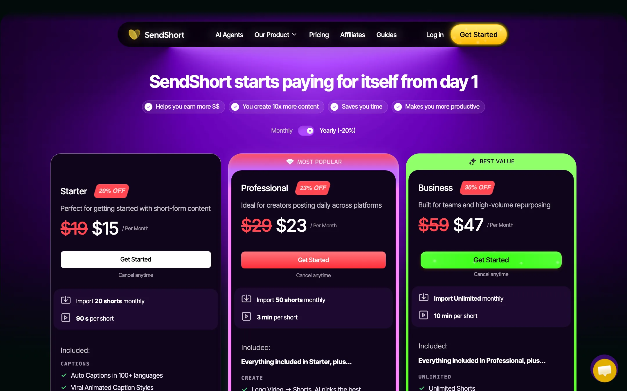 SendShort pricing cards for Starter, Professional and Business on yearly billing