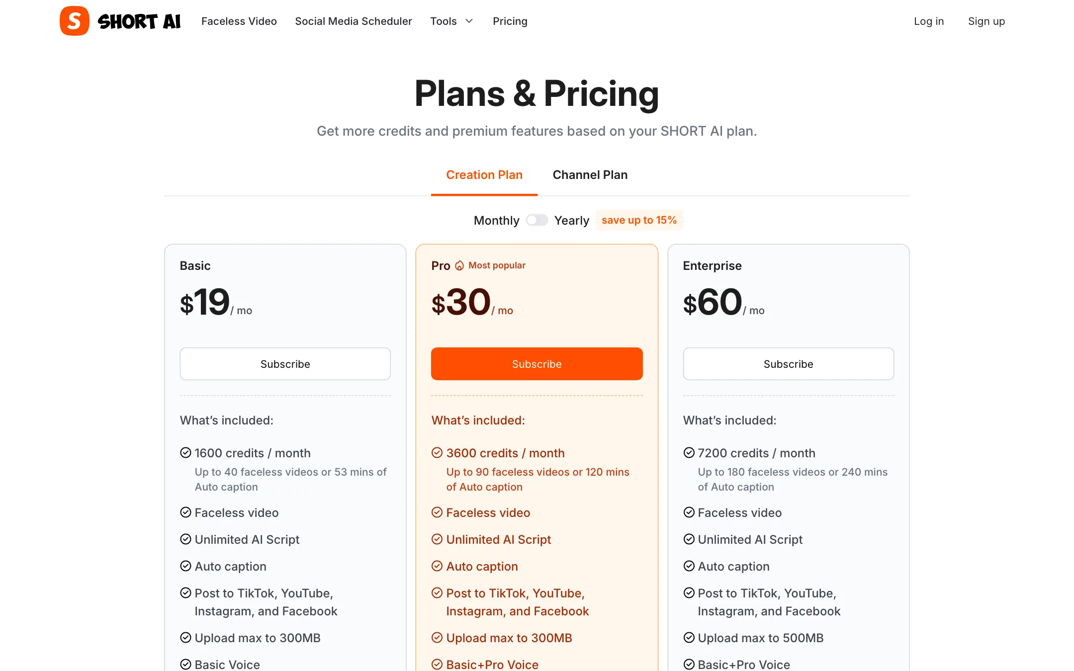 Short AI Creation Plan pricing with Basic, Pro and Enterprise tiers