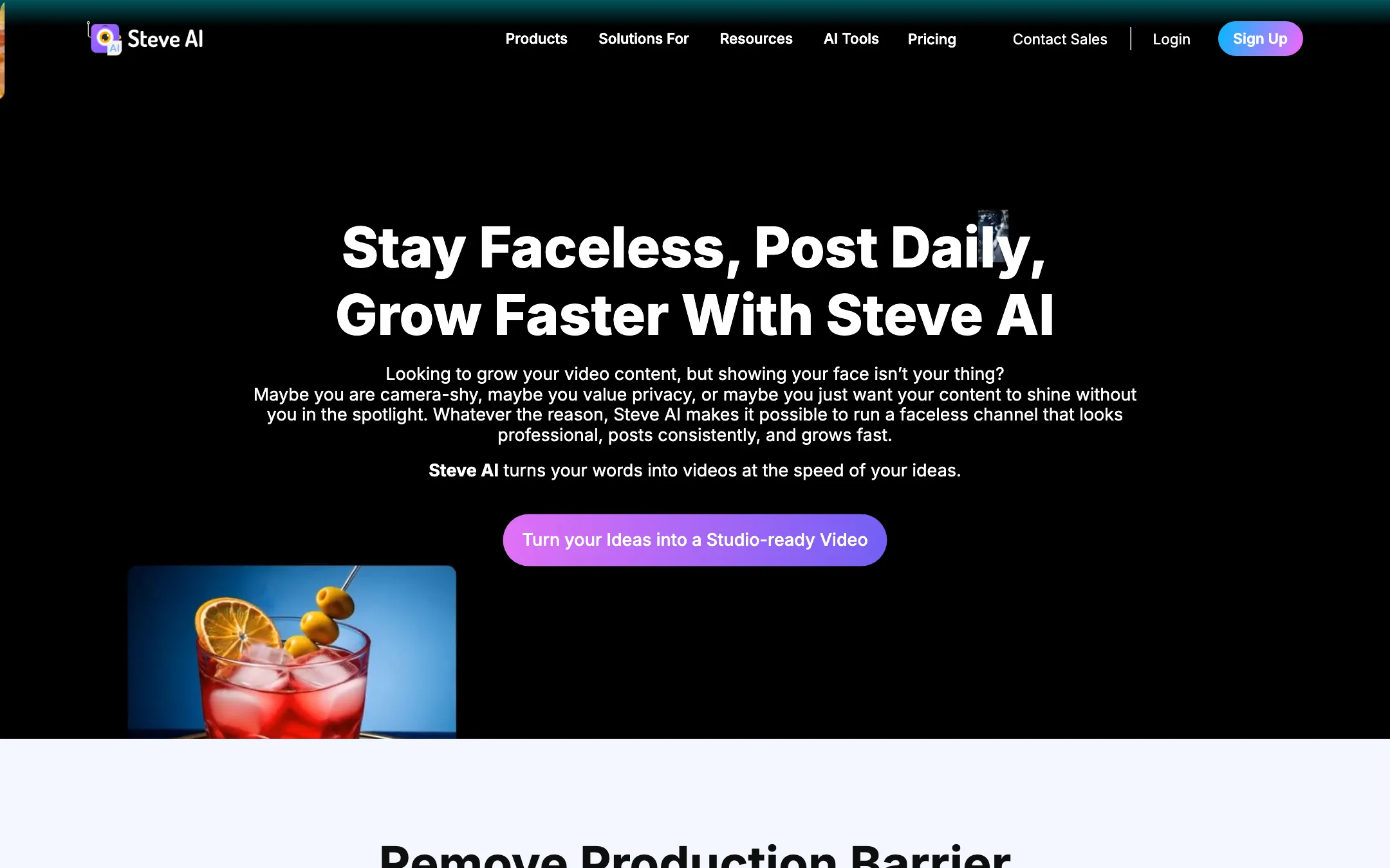 Steve AI features page headline: Stay Faceless, Post Daily, Grow Faster