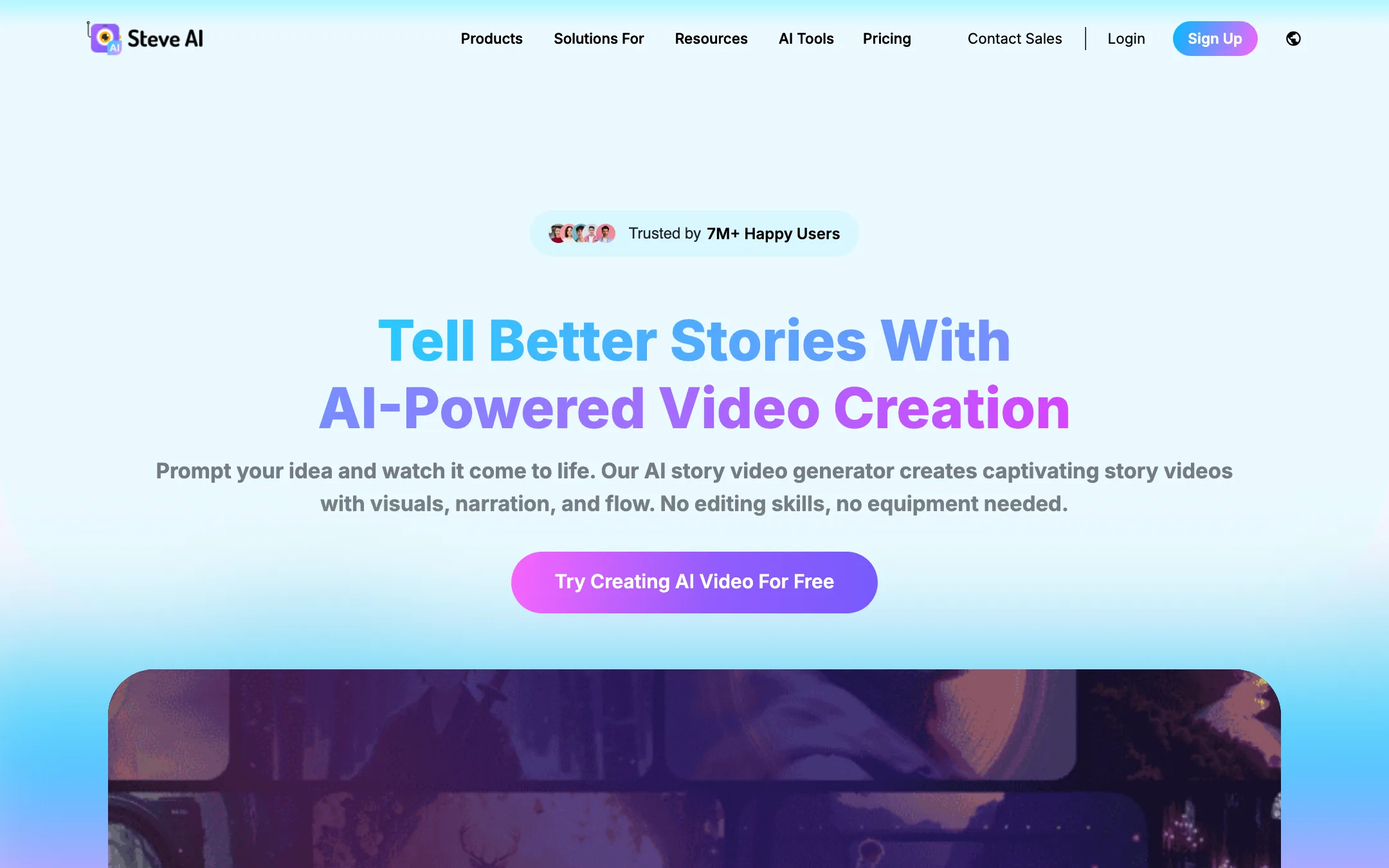 Steve AI homepage headline: Tell Better Stories With AI-Powered Video Creation