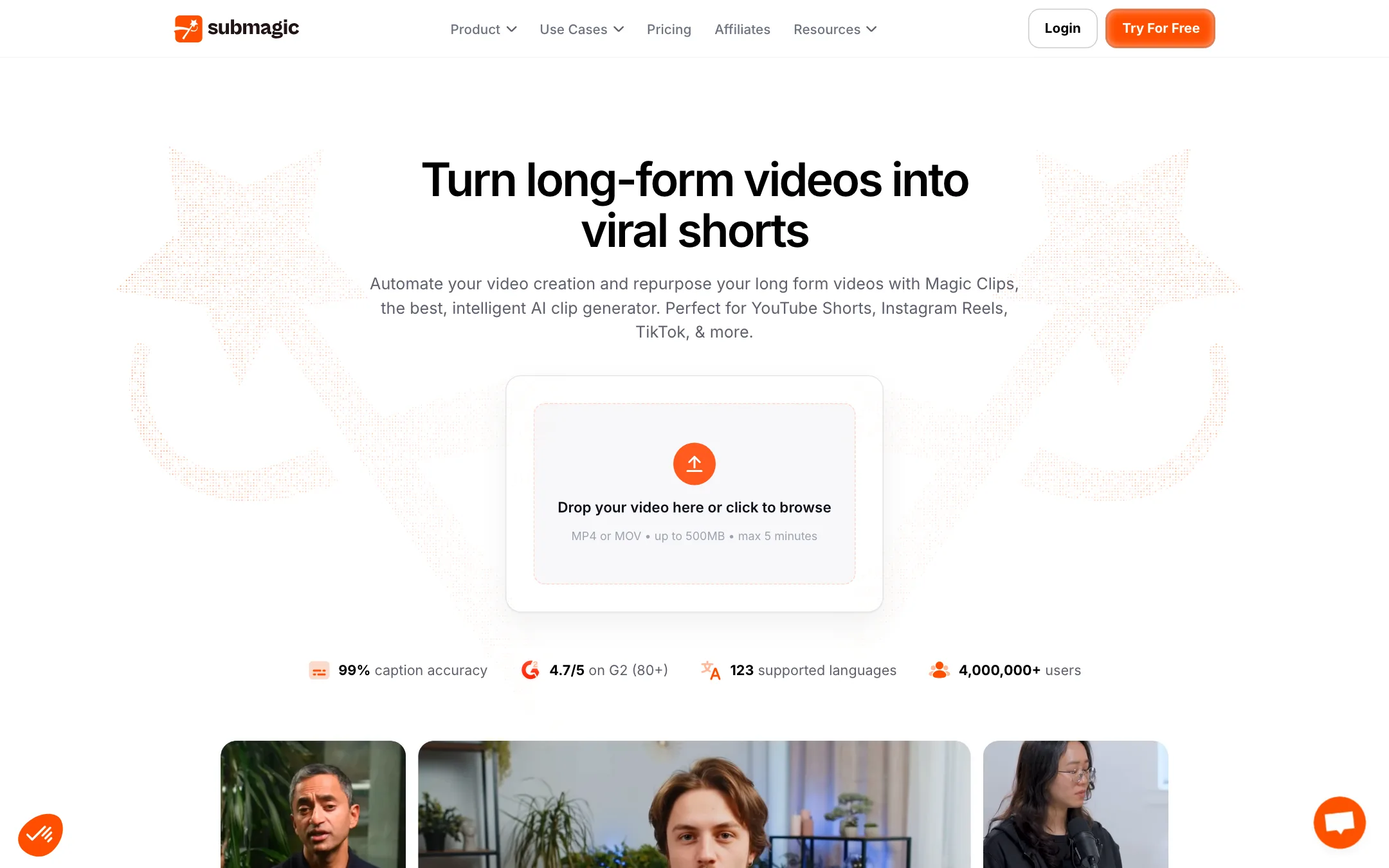 Submagic Magic Clips page with an upload box for long videos