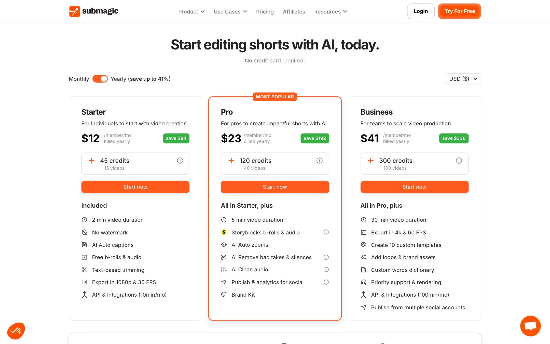 Submagic pricing page showing Starter, Pro and Business plans billed yearly