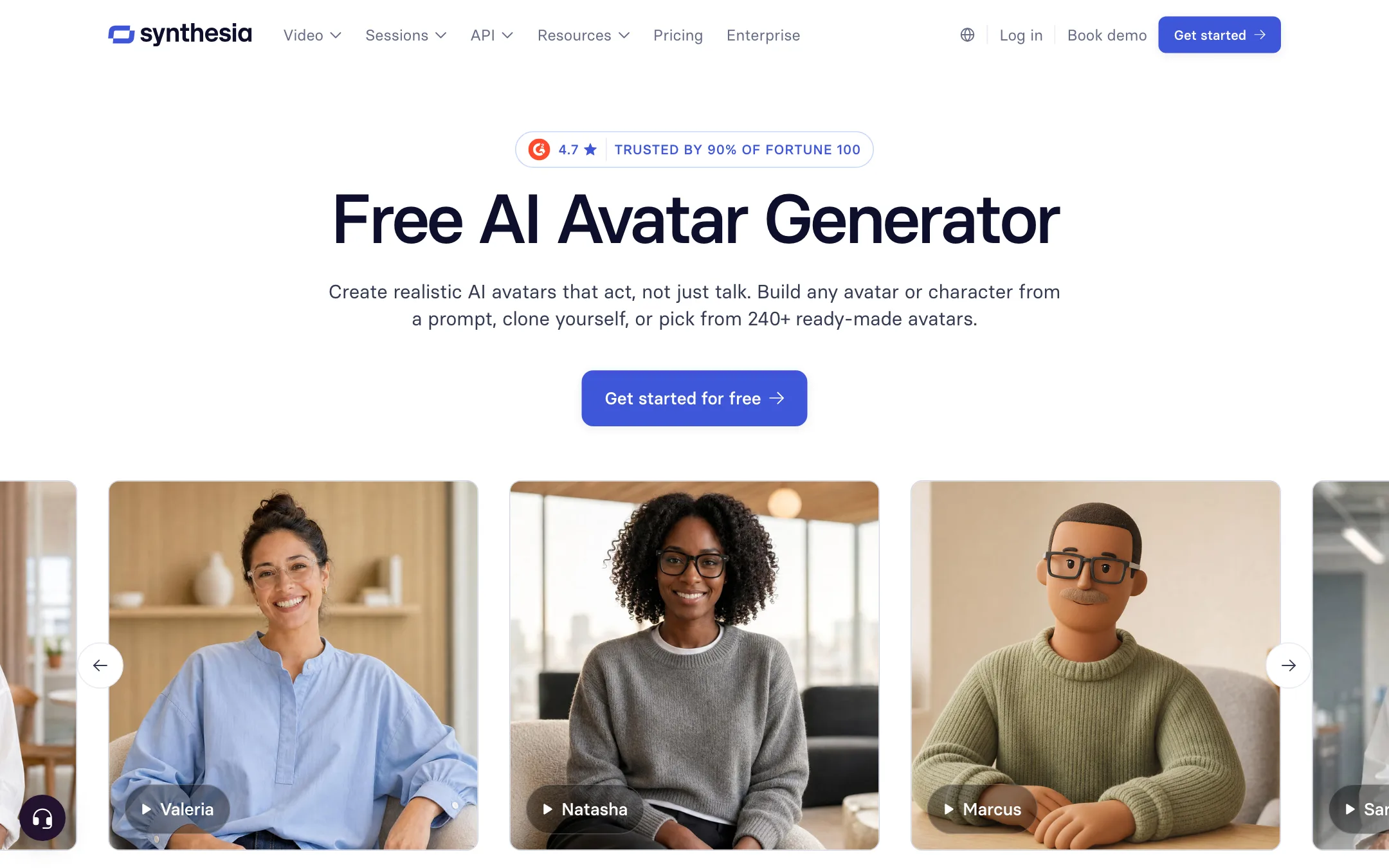 Synthesia AI avatar generator page showing a carousel of stock avatars