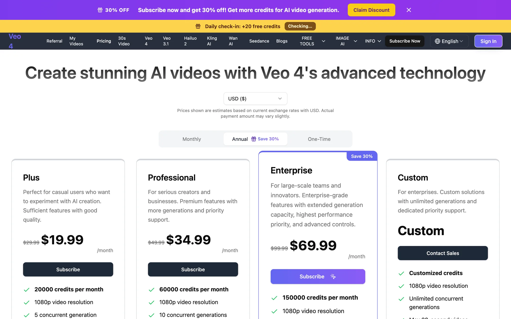 Veo 4 pricing page with Plus, Professional, Enterprise and Custom plans on annual billing