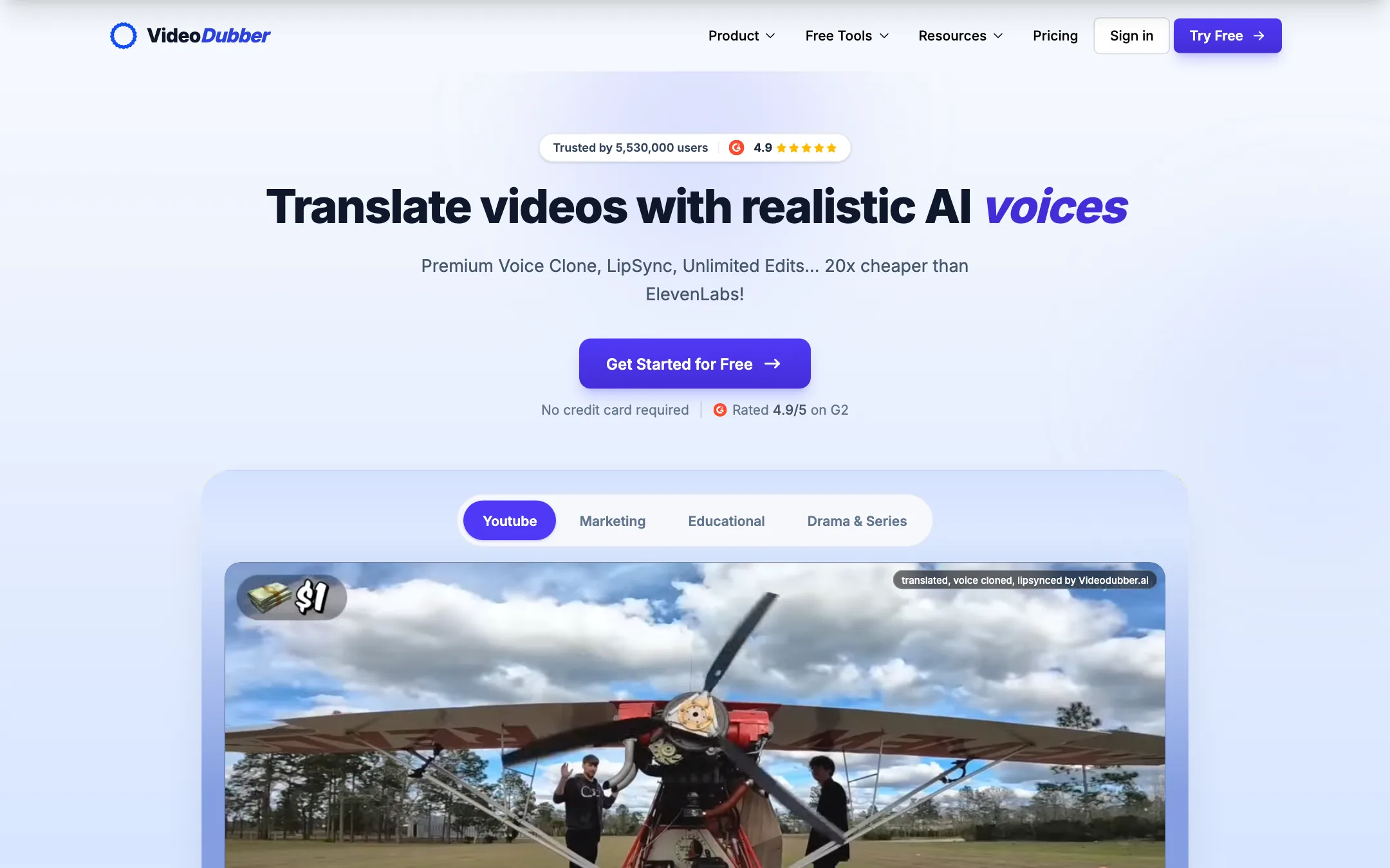 VideoDubber homepage with the headline Translate videos with realistic AI voices