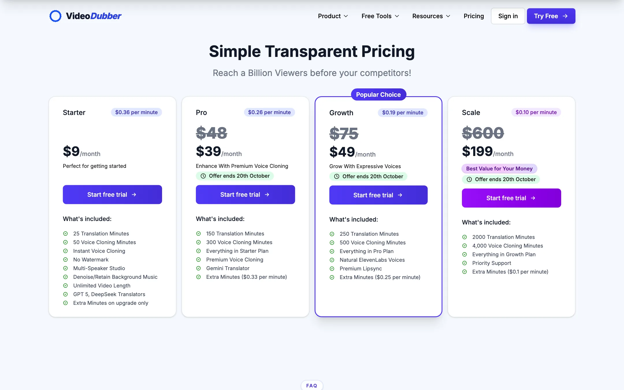 VideoDubber pricing with Starter, Pro, Growth and Scale plans and per-minute rates