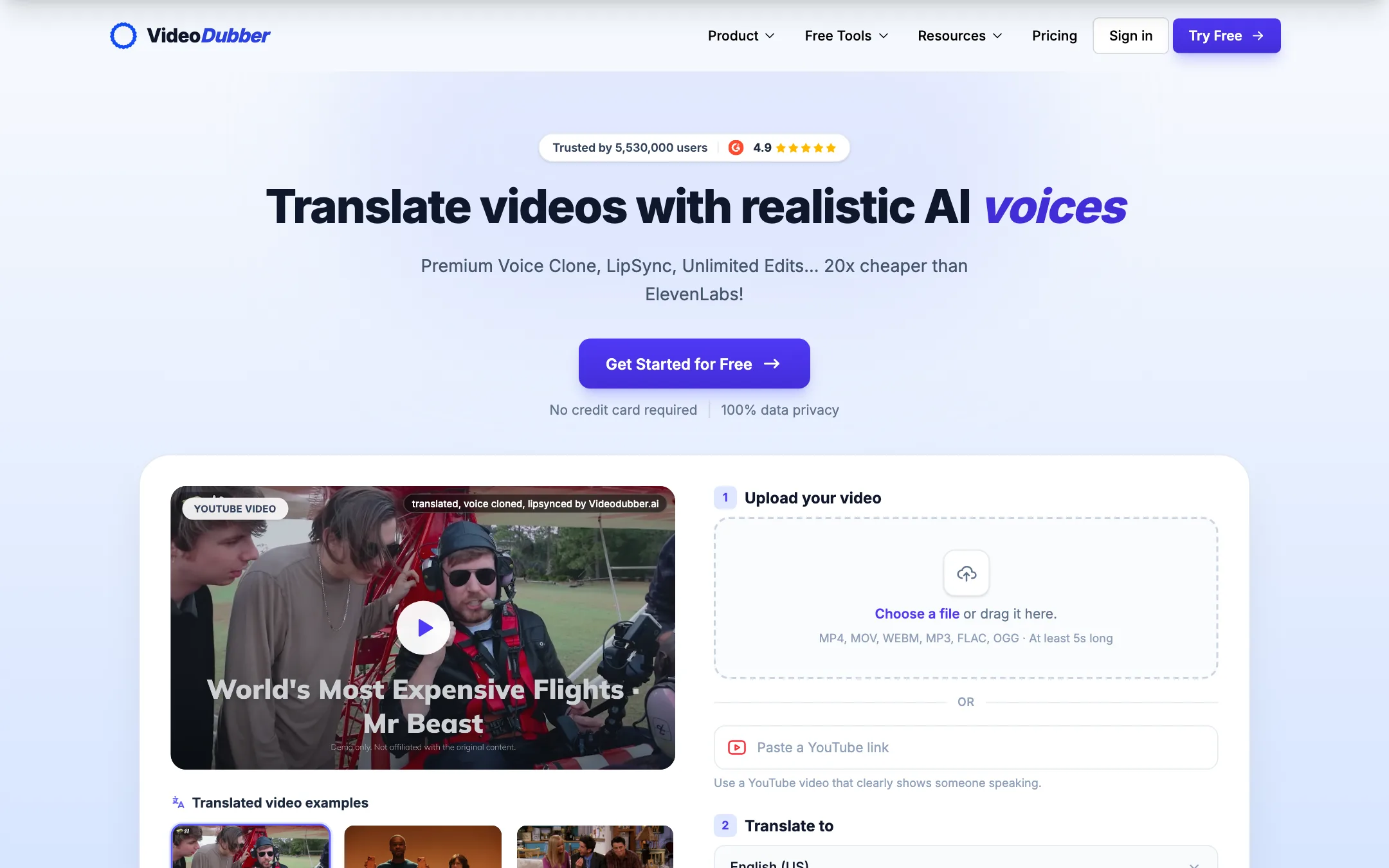 VideoDubber translate video page with an upload box and a target language picker