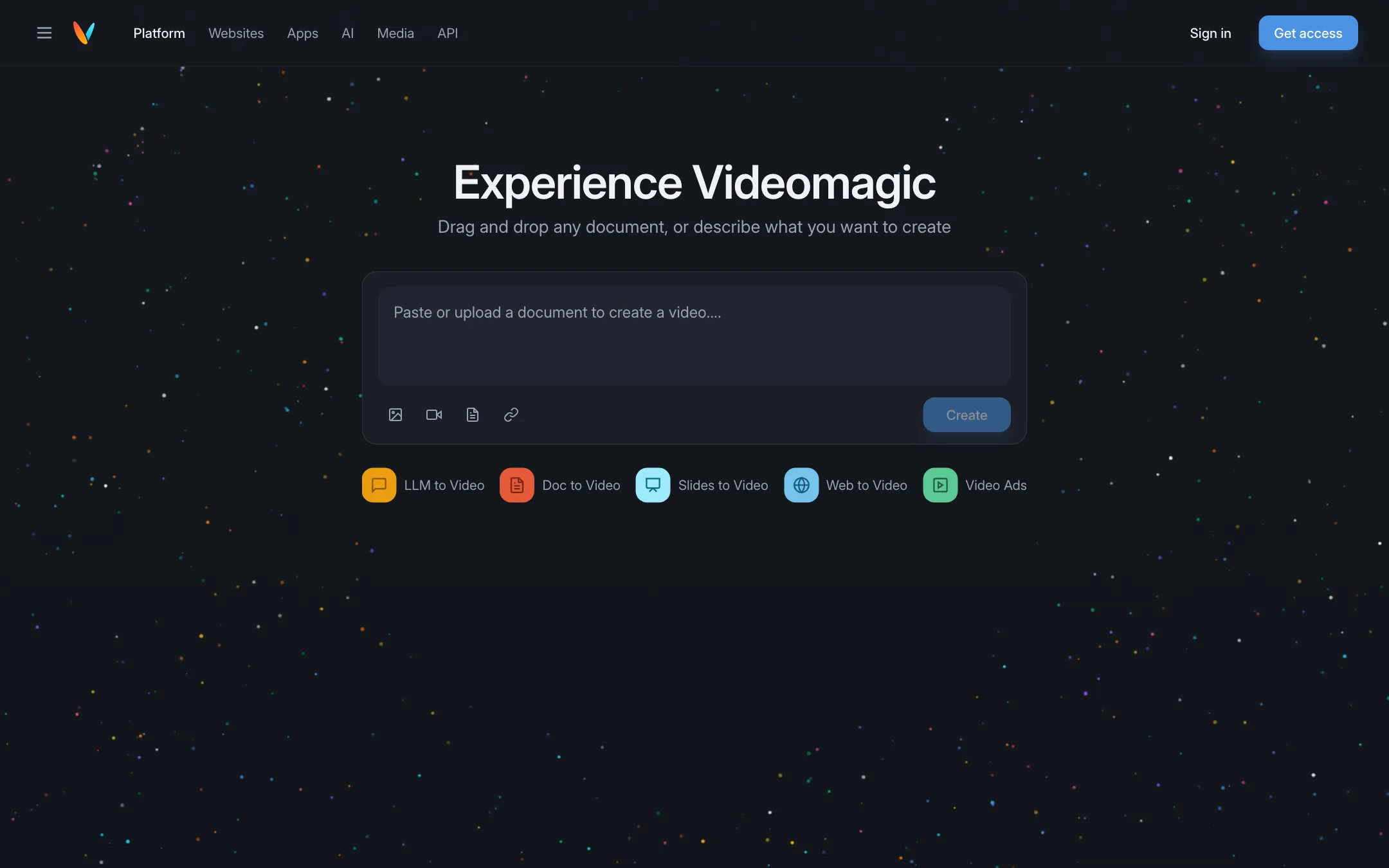 Videomagic Experience page with a document upload box and modes for LLM, Doc, Slides, Web to Video and Video Ads