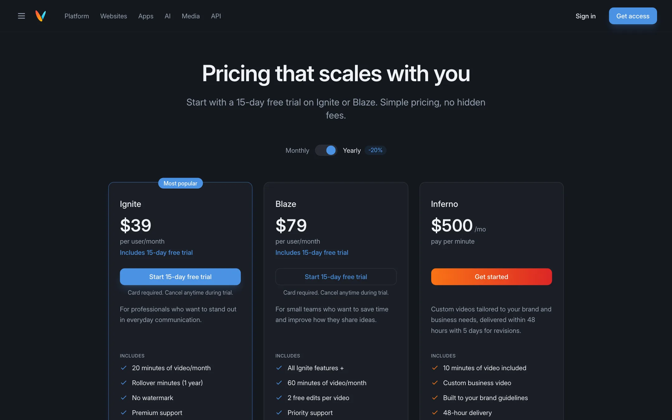 Videomagic pricing page with Ignite, Blaze and Inferno plans on yearly billing