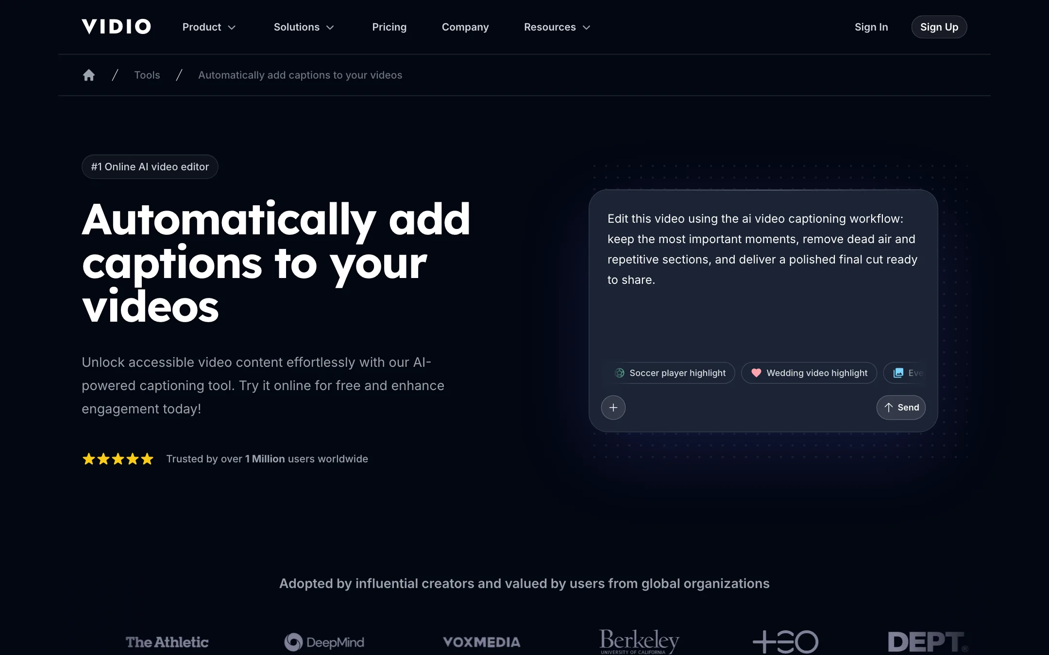 VIDIO automatic captions tool page with a prompt box