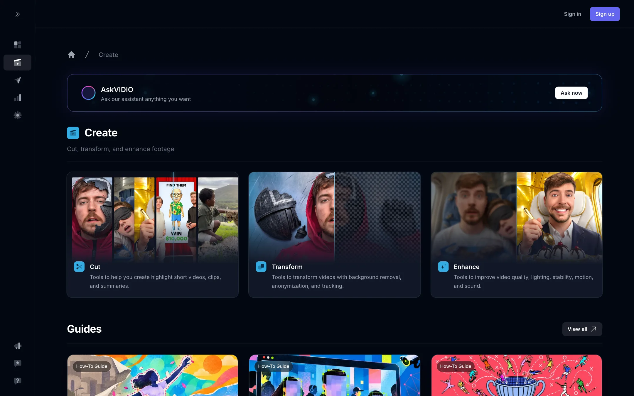 VIDIO Create hub with Cut, Transform and Enhance tool groups