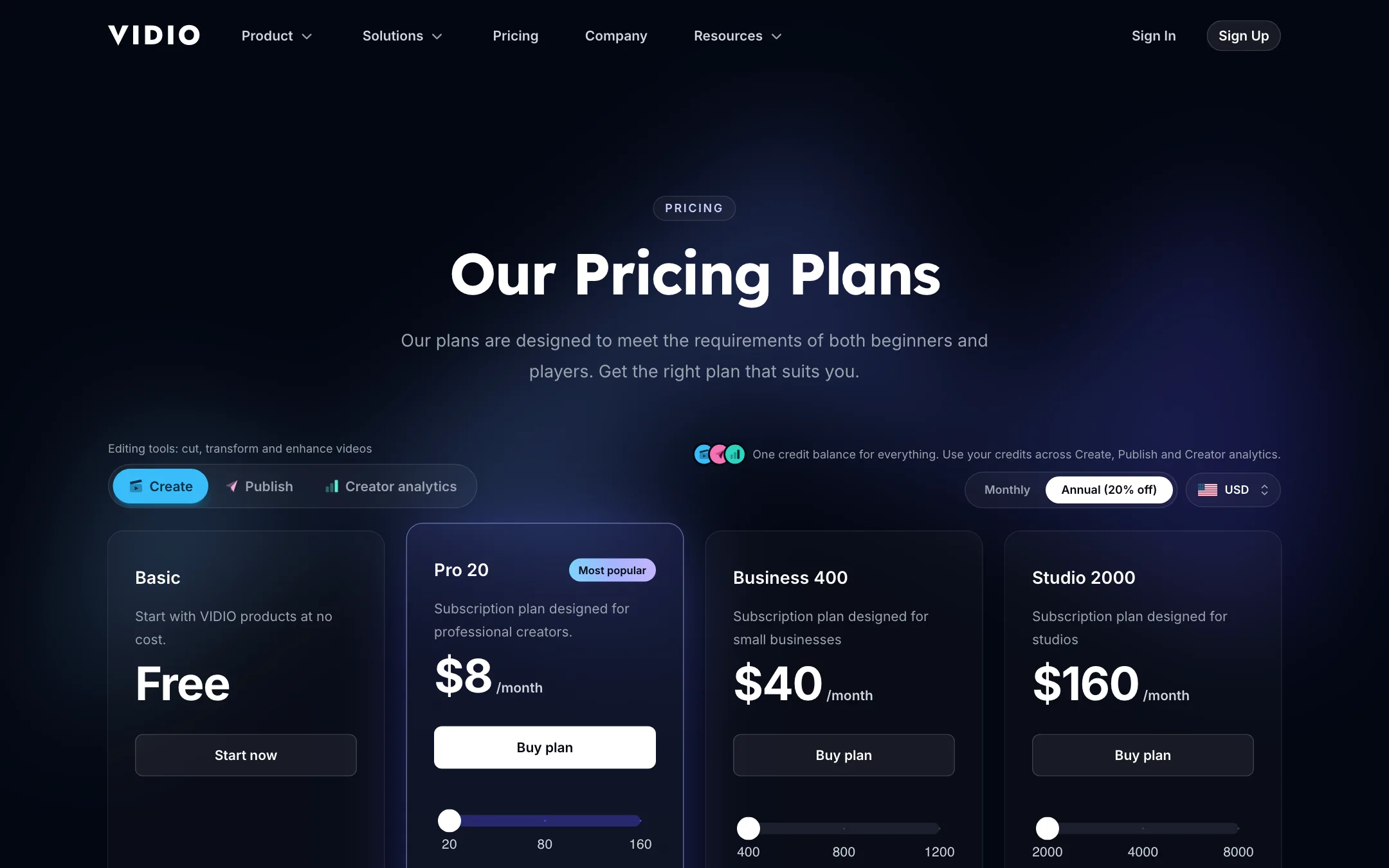 VIDIO pricing page showing Basic Free, Pro 20 at $8, Business 400 at $40 and Studio 2000 at $160 per month on annual billing