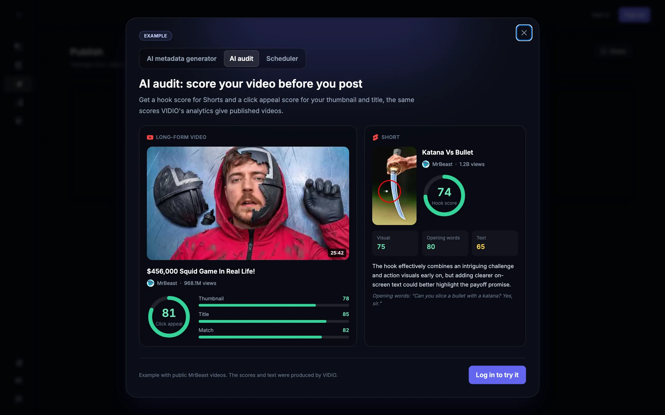 VIDIO AI audit example scoring a MrBeast video's click appeal and a Short's hook