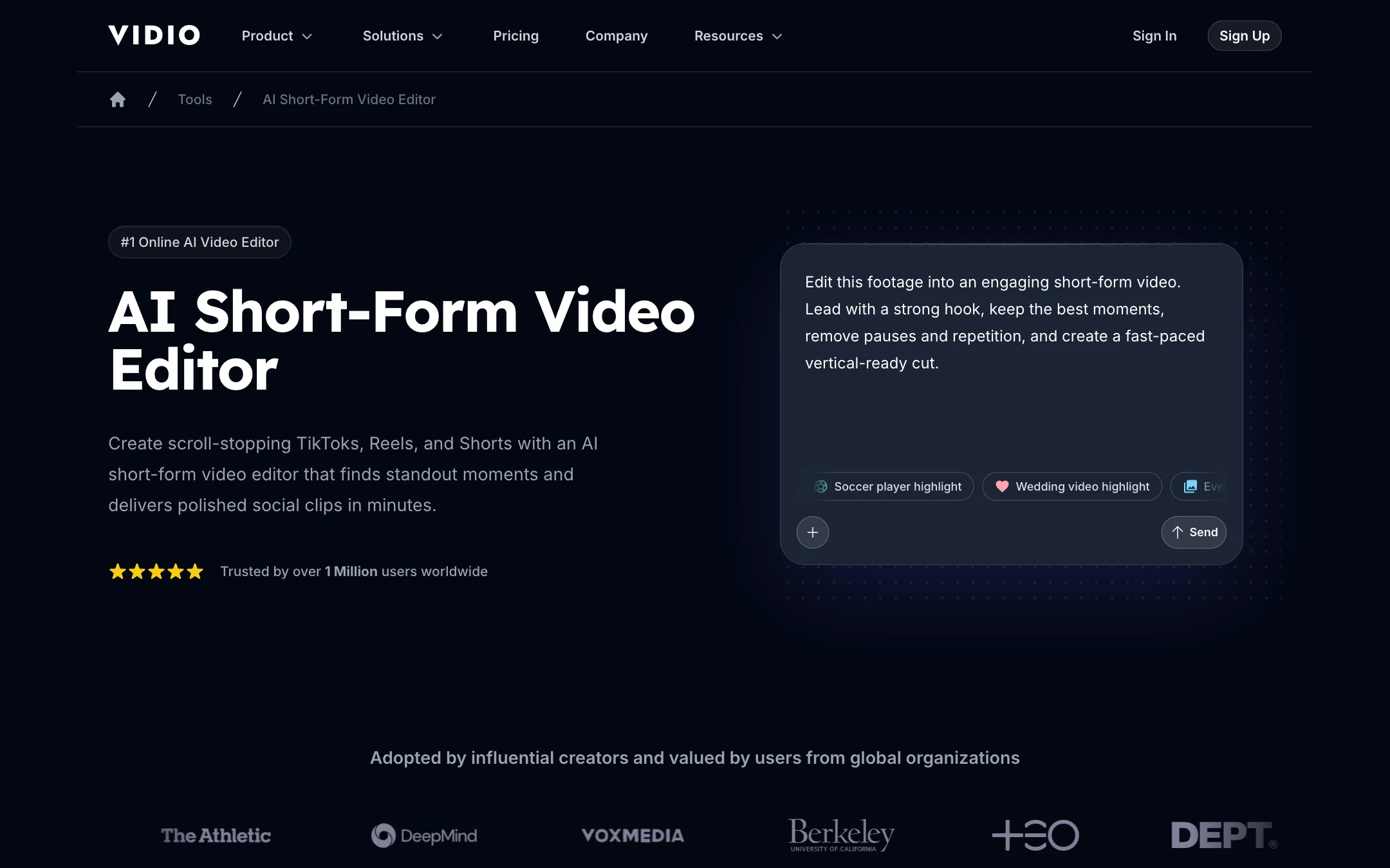 VIDIO AI Short-Form Video Editor page with a prompt asking to edit footage into a fast-paced vertical cut